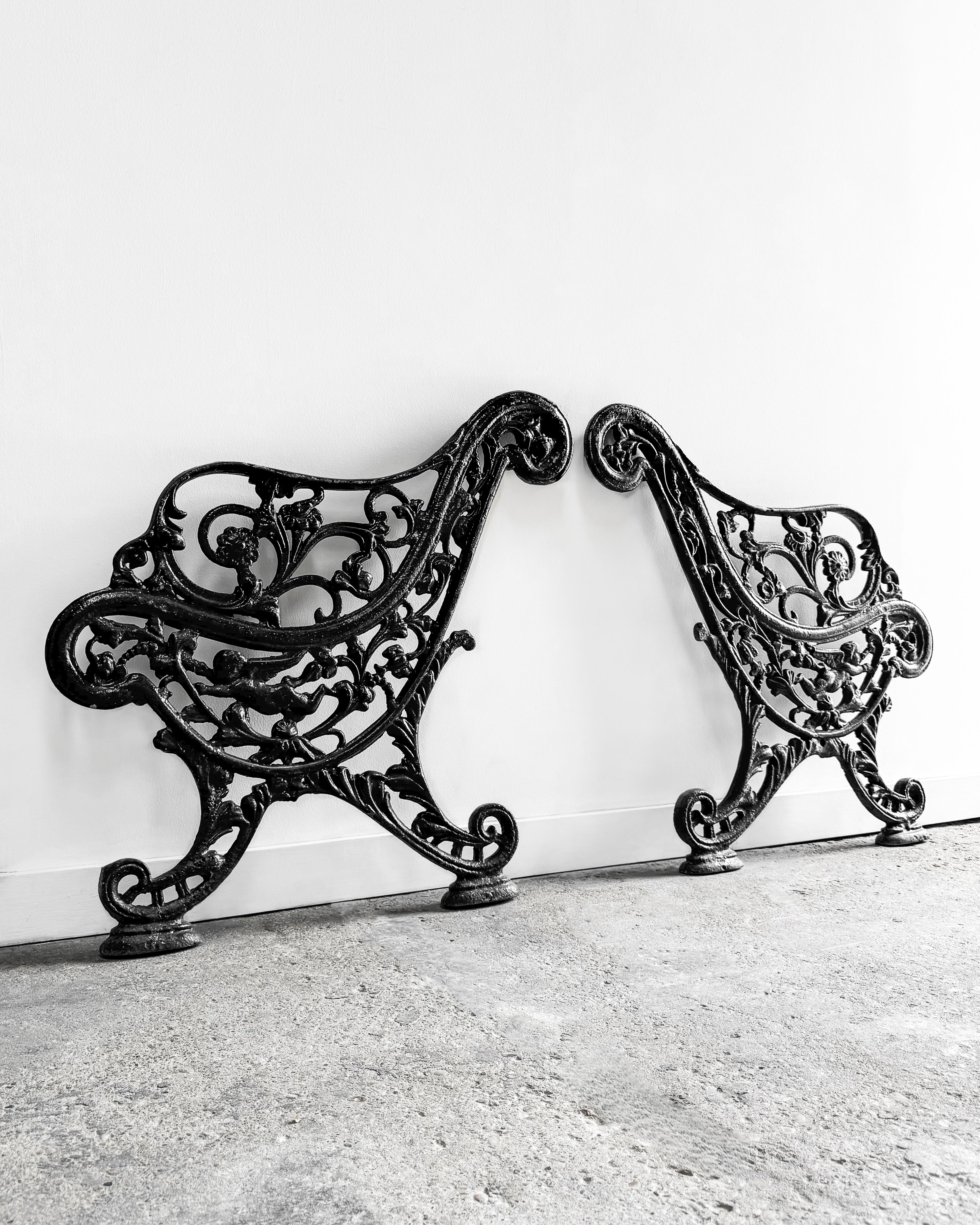 Late Victorian (Pair) Antique Cast Iron Victorian Garden Bench Ends For Sale