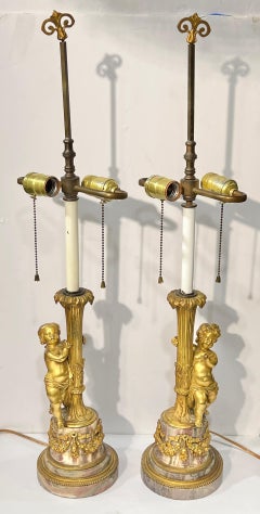 Pair Antique Cherub Figural Gilt Bronze and Marble Table Lamps