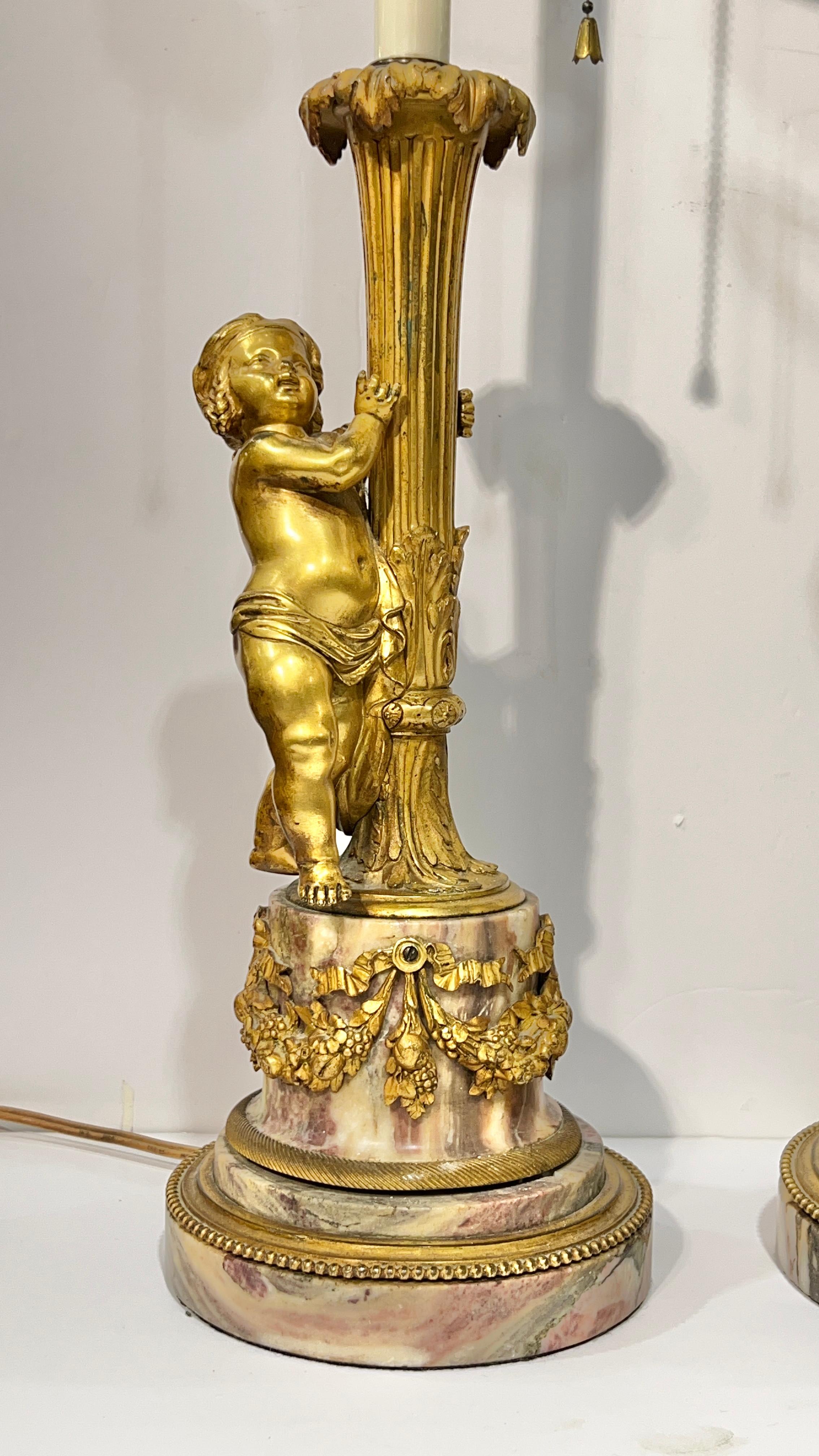 Louis XVI Pair Antique Cherub Figural Gilt Bronze and Marble Table Lamps For Sale