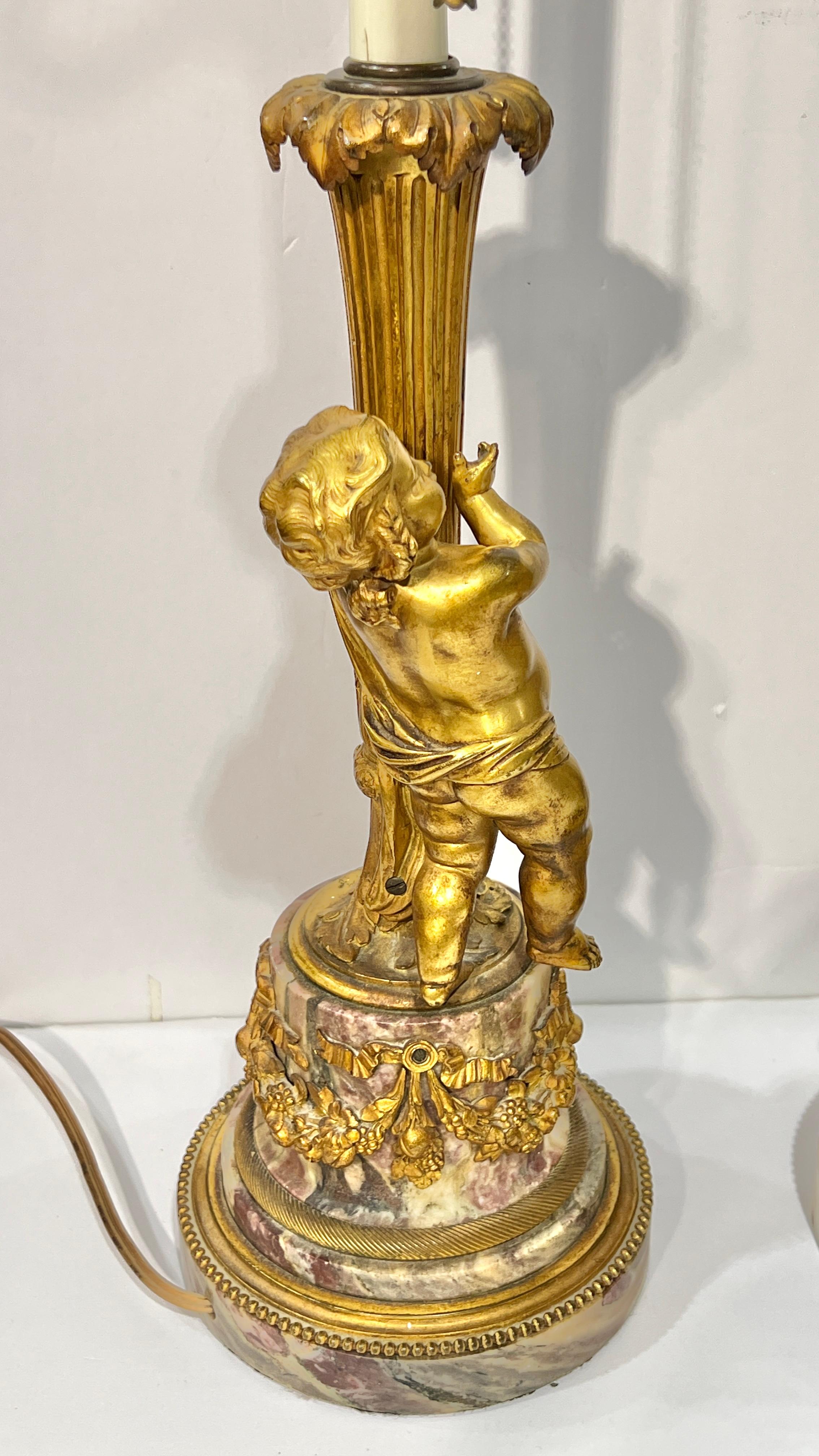 French Pair Antique Cherub Figural Gilt Bronze and Marble Table Lamps For Sale
