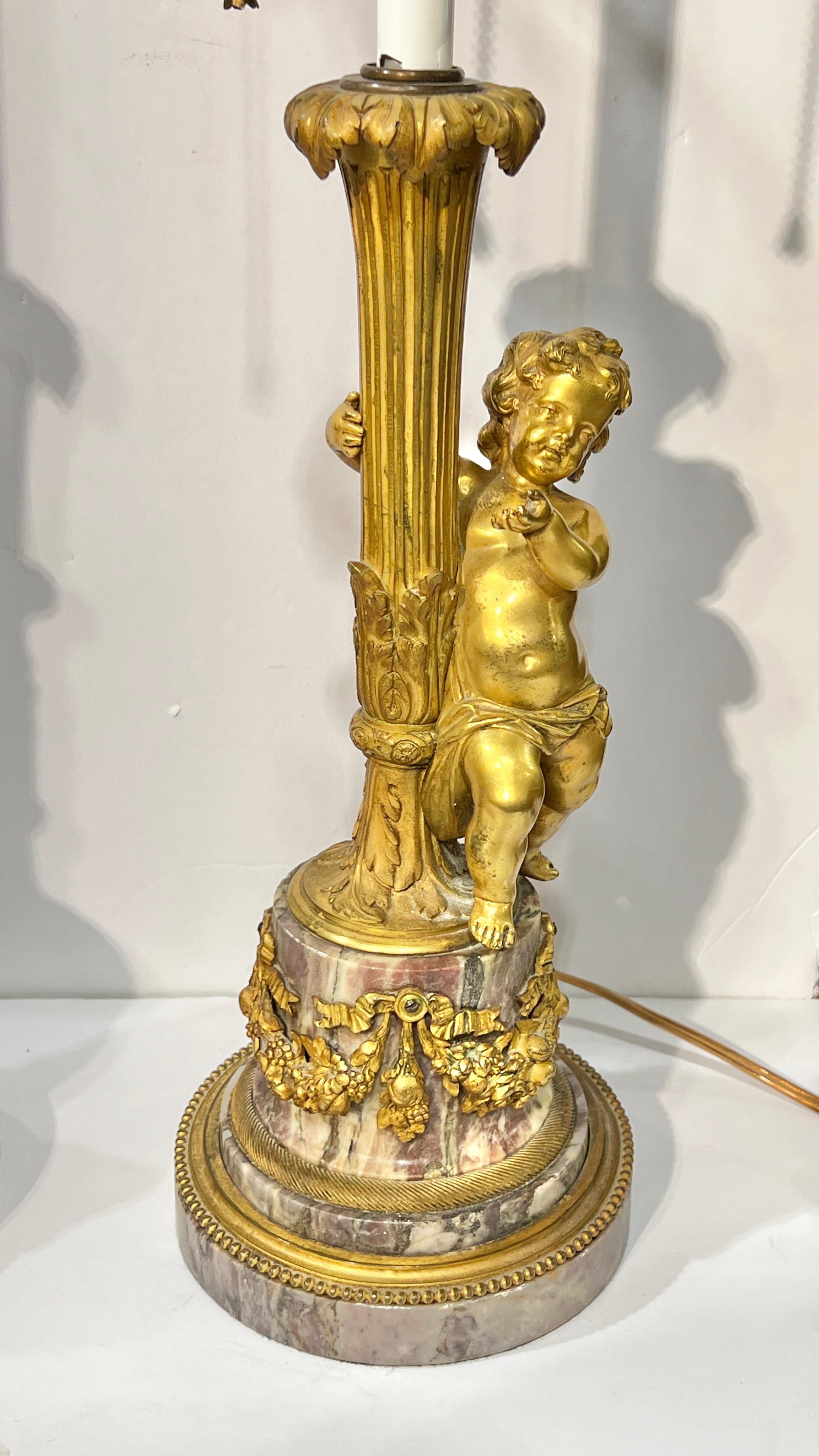 Late 19th Century Pair Antique Cherub Figural Gilt Bronze and Marble Table Lamps For Sale