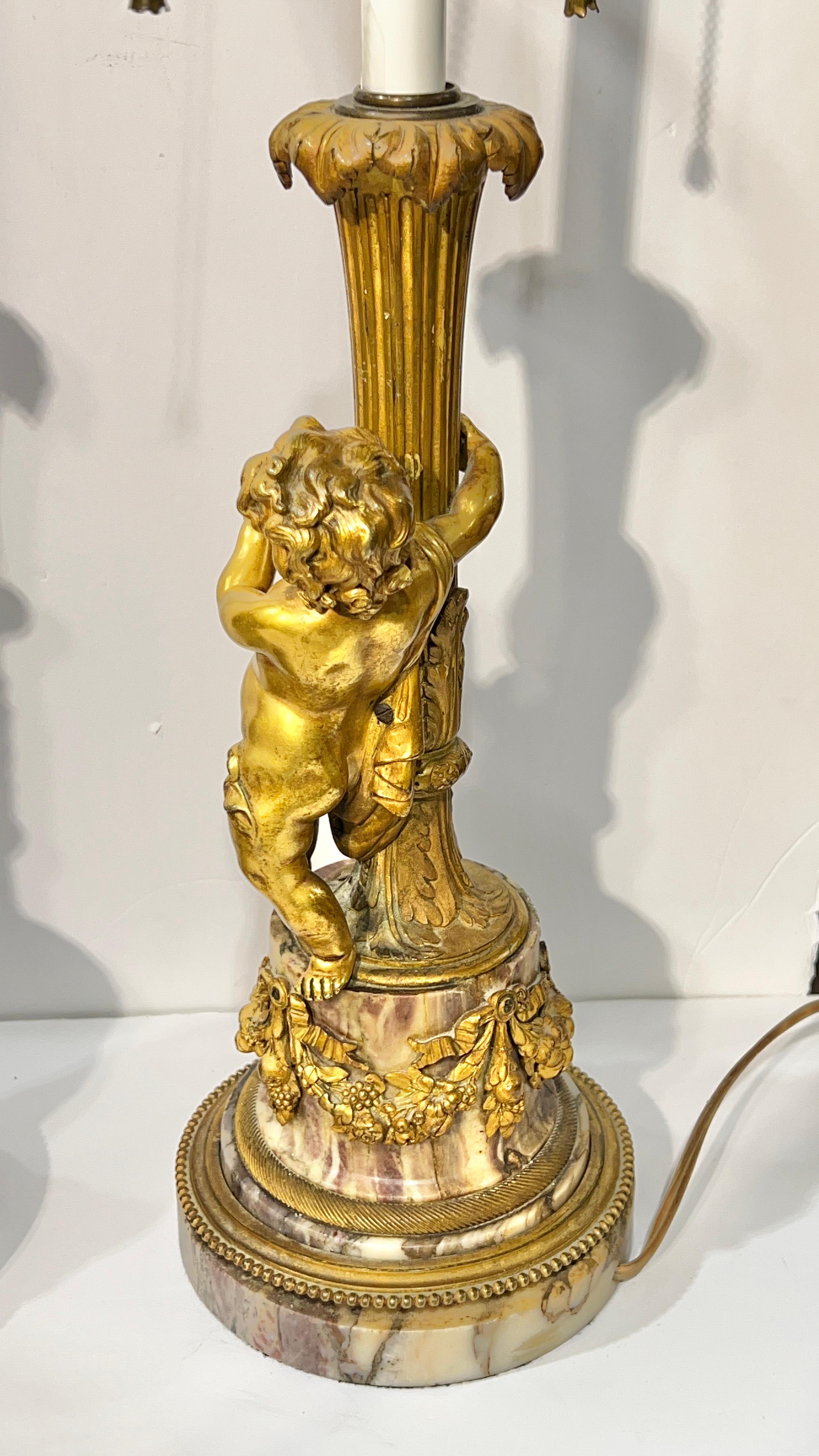 Pair Antique Cherub Figural Gilt Bronze and Marble Table Lamps For Sale 1