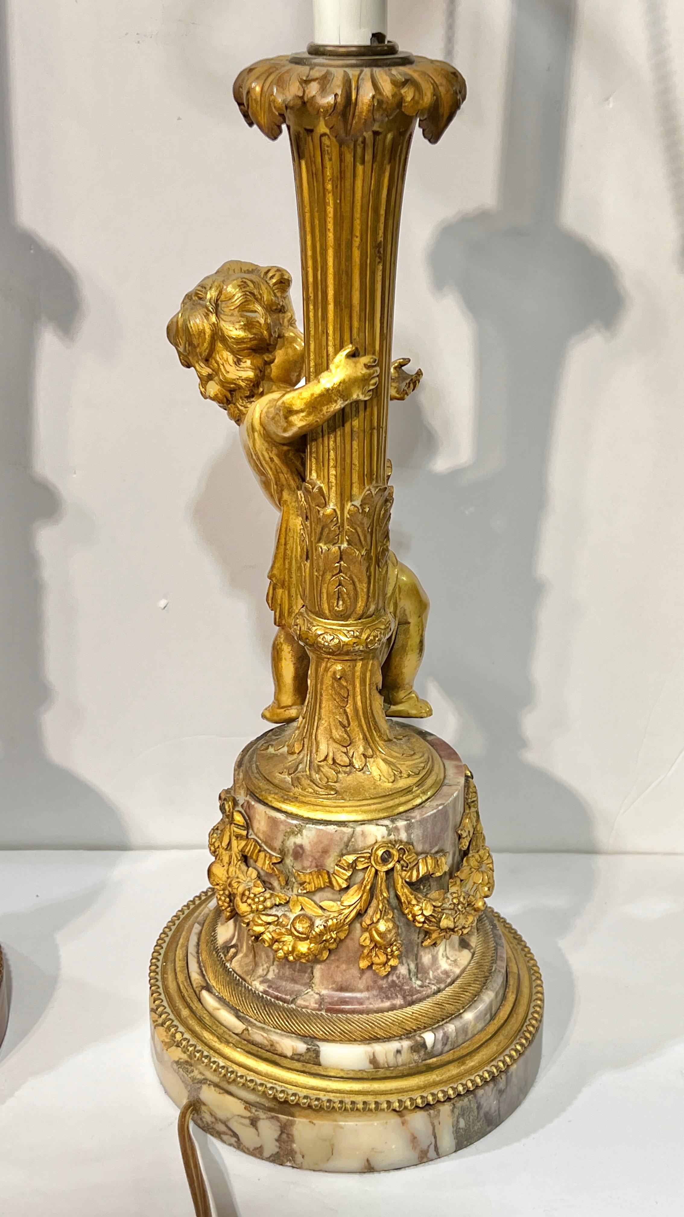 Pair Antique Cherub Figural Gilt Bronze and Marble Table Lamps For Sale 2