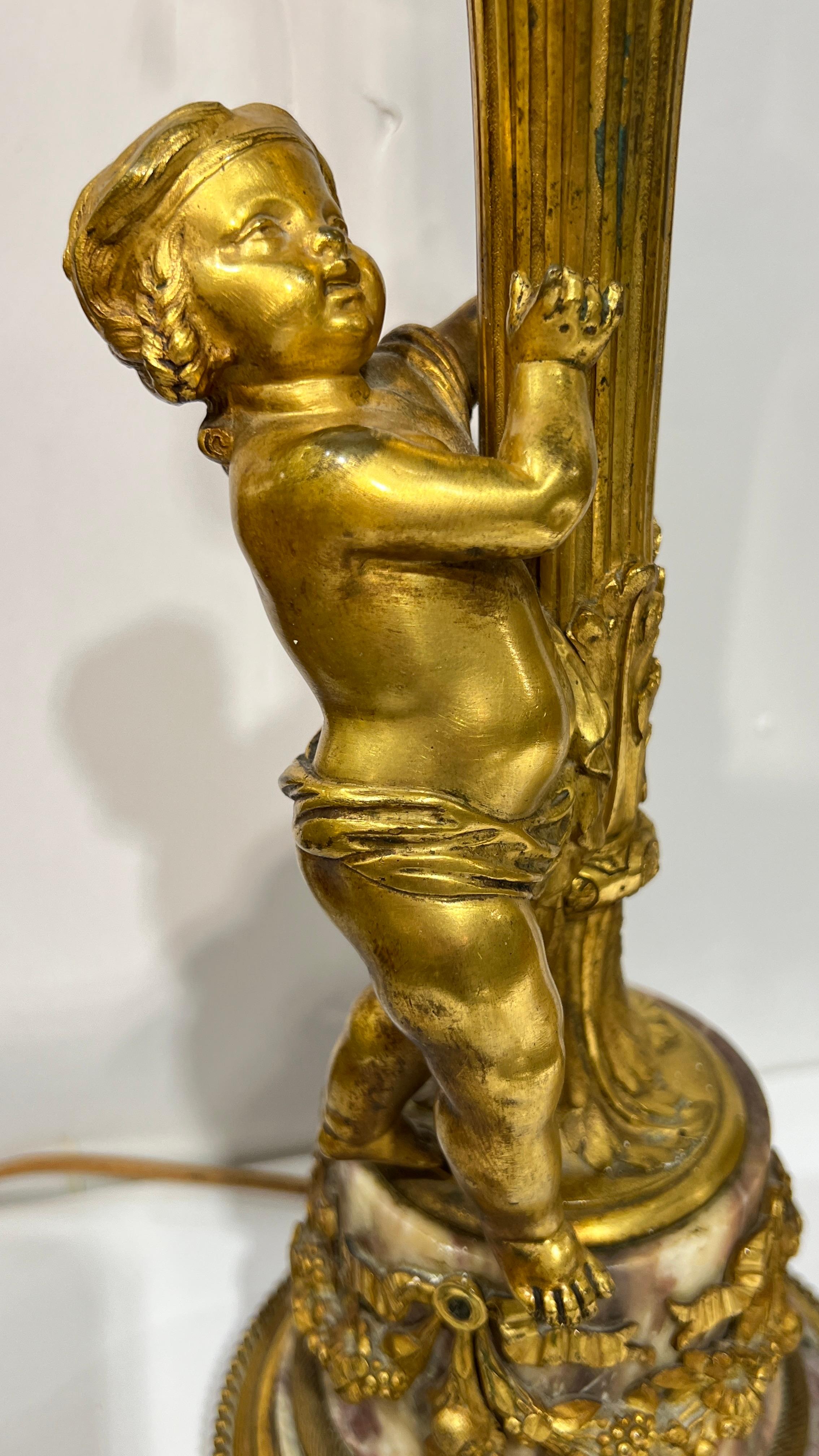 Pair Antique Cherub Figural Gilt Bronze and Marble Table Lamps For Sale 3