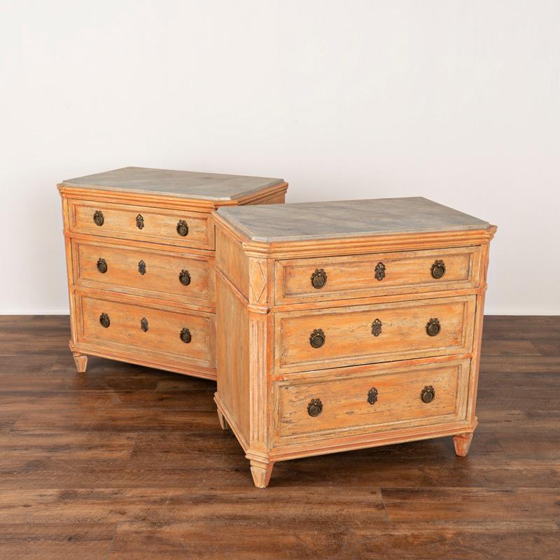 The classic gustavian style of this lovely pair of chest of drawers is revealed in the exquisite details. Enlarge the photos to appreciate the canted sides, carved feet and upper dental molding. It is the captivating newer, professionally applied