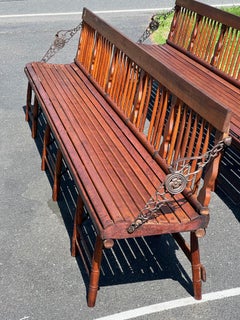 Pair Antique Chestnut Folding Railroad Benches c. Late 19th Century