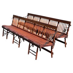Pair Antique Chestnut Folding Railroad Benches c. Late 19th Century