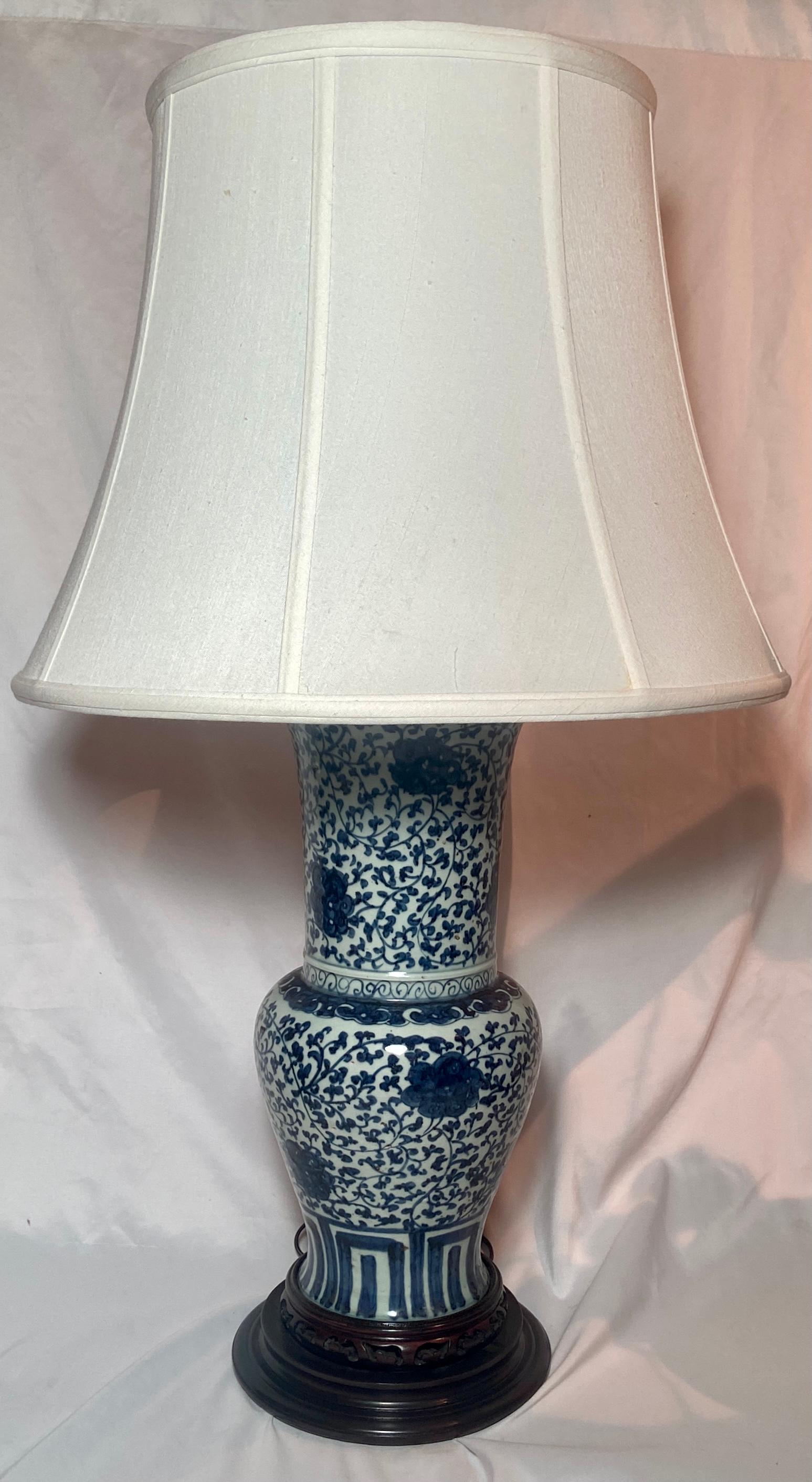 Pair antique Chinese 18th century blue and white porcelain made into lamps.