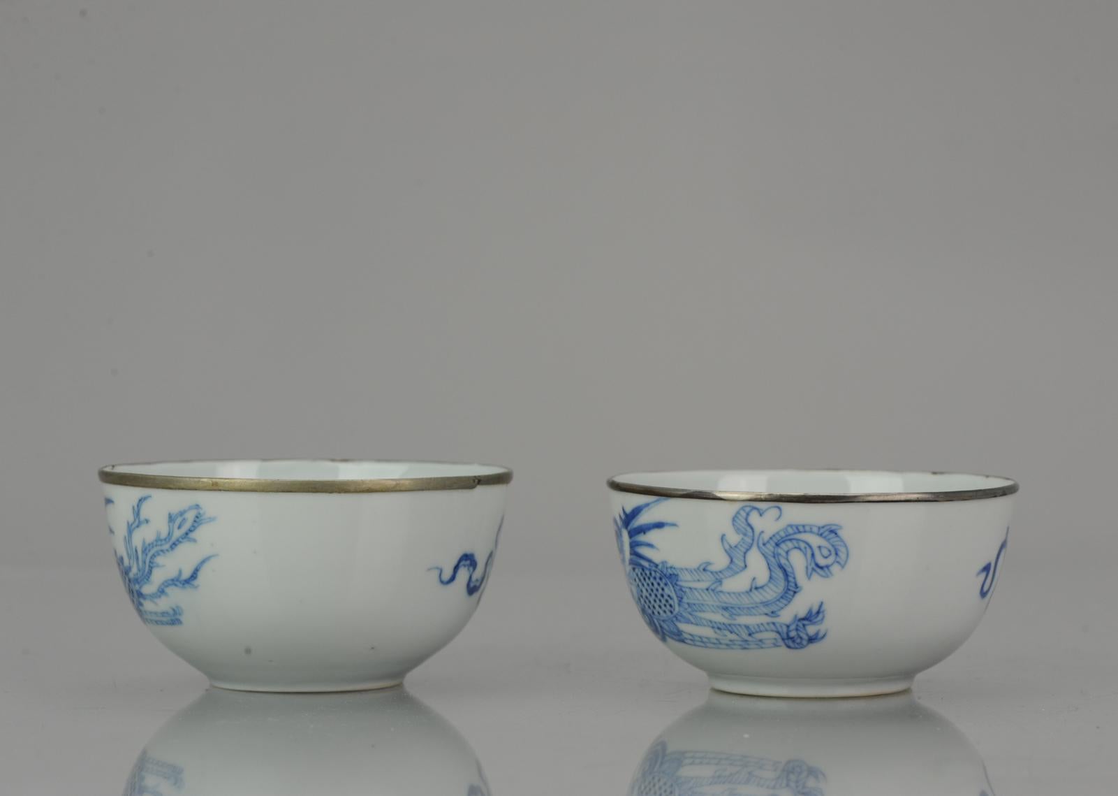 Porcelain Pair Antique Chinese 19th Century Bleu de Hue Fenghuang Bowls Vietnamese Market
