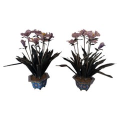 Pair Antique Chinese Amethyst Hardstone Flower Cloisonné Hexagonal Planters