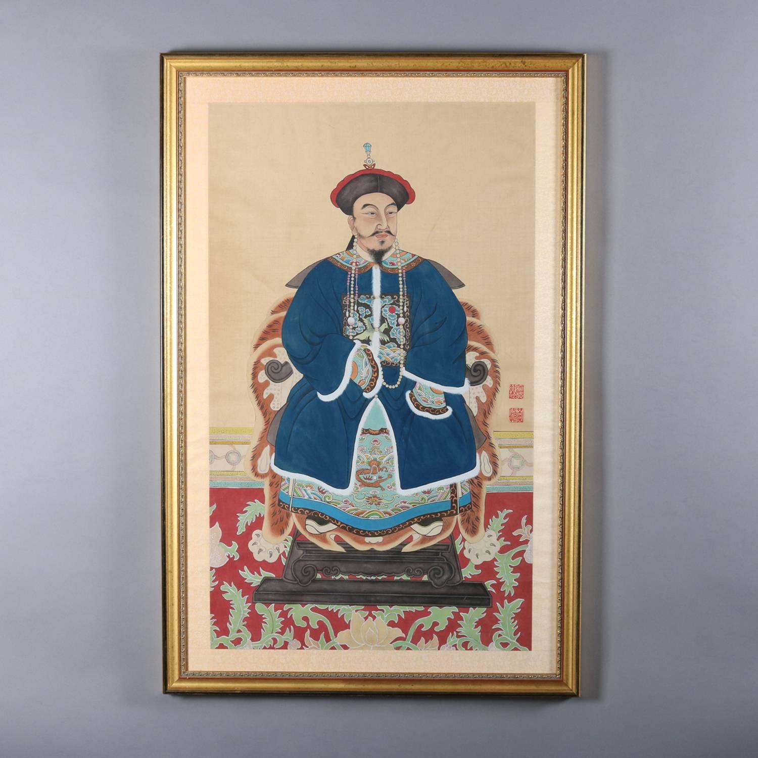 Pair of antique large and finely painted Chinese ancestral portraits in vibrant color and gilt on silk and presented in giltwood, of male chop mark signed/stamped lower right, circa 1890.

Measures: Male framed 52