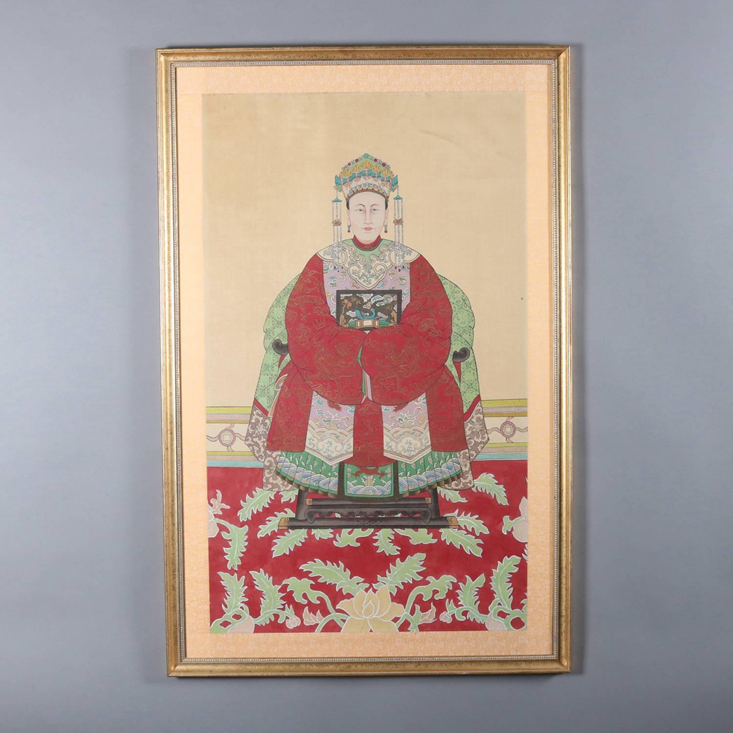 Pair of Antique Chinese Ancestral Painting, Large and Finely Painted in Color In Good Condition In Big Flats, NY