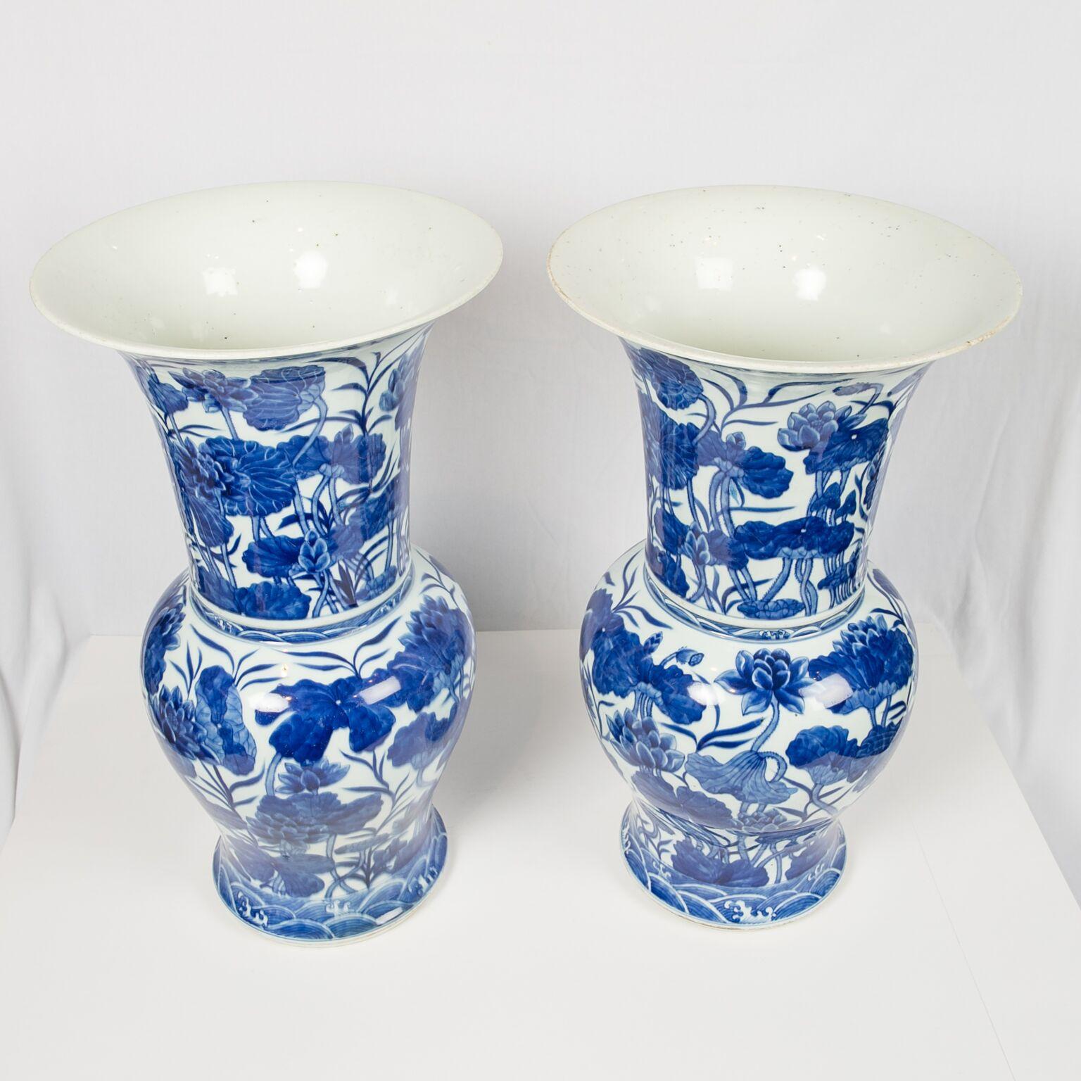Hand-Painted Pair of Antique Chinese Blue and White Porcelain Vases Qing Dynasty 19th Century
