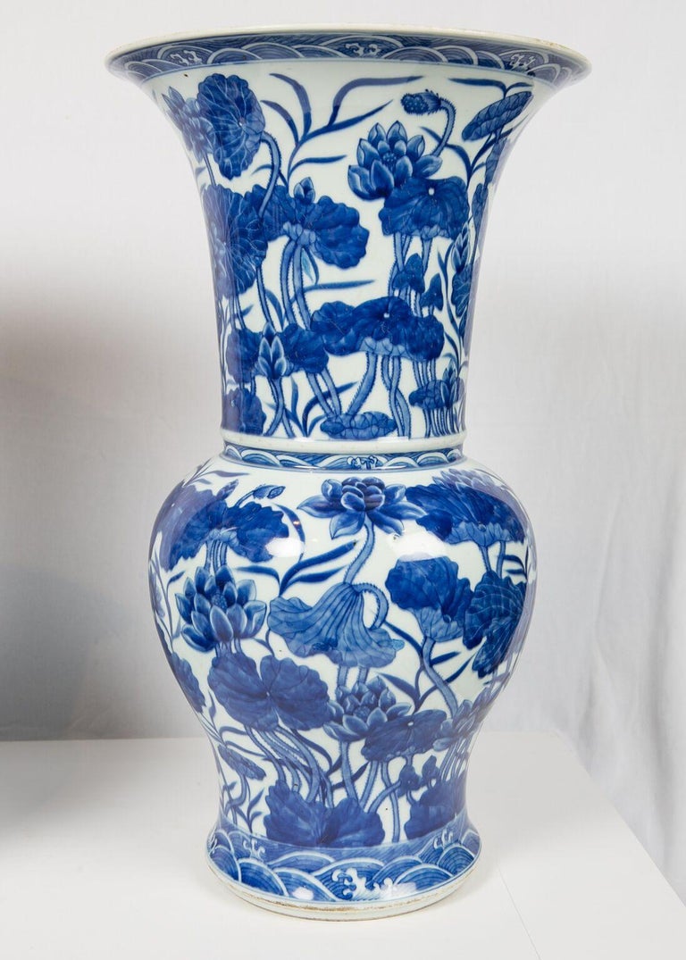 Pair of Antique Chinese Blue and White Porcelain Vases Qing Dynasty