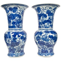 Pair of Antique Chinese Blue and White Porcelain Vases Qing Dynasty 19th Century