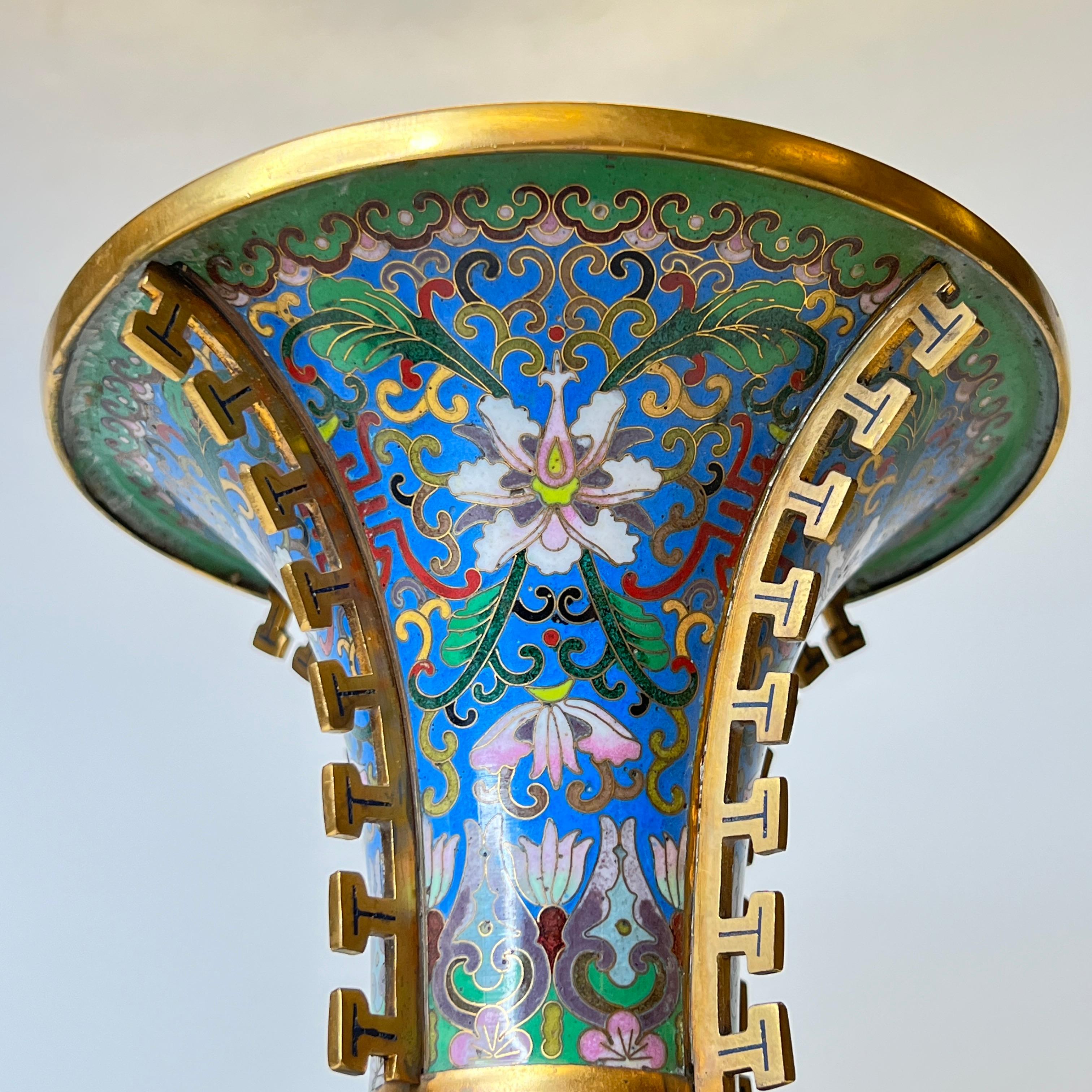 Pair Antique Chinese Blue Cloisonne Vases 5