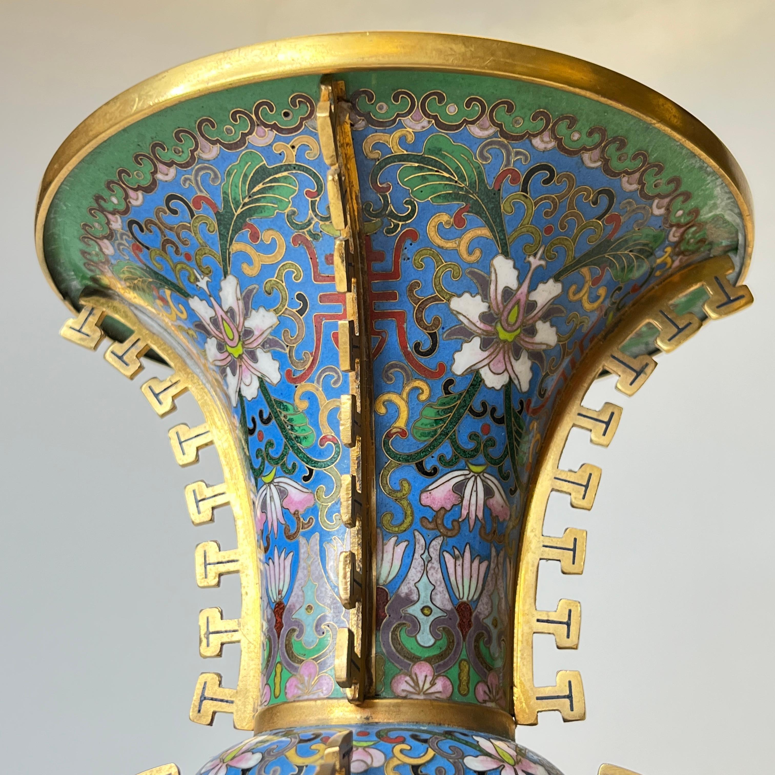 Pair Antique Chinese Blue Cloisonne Vases 10