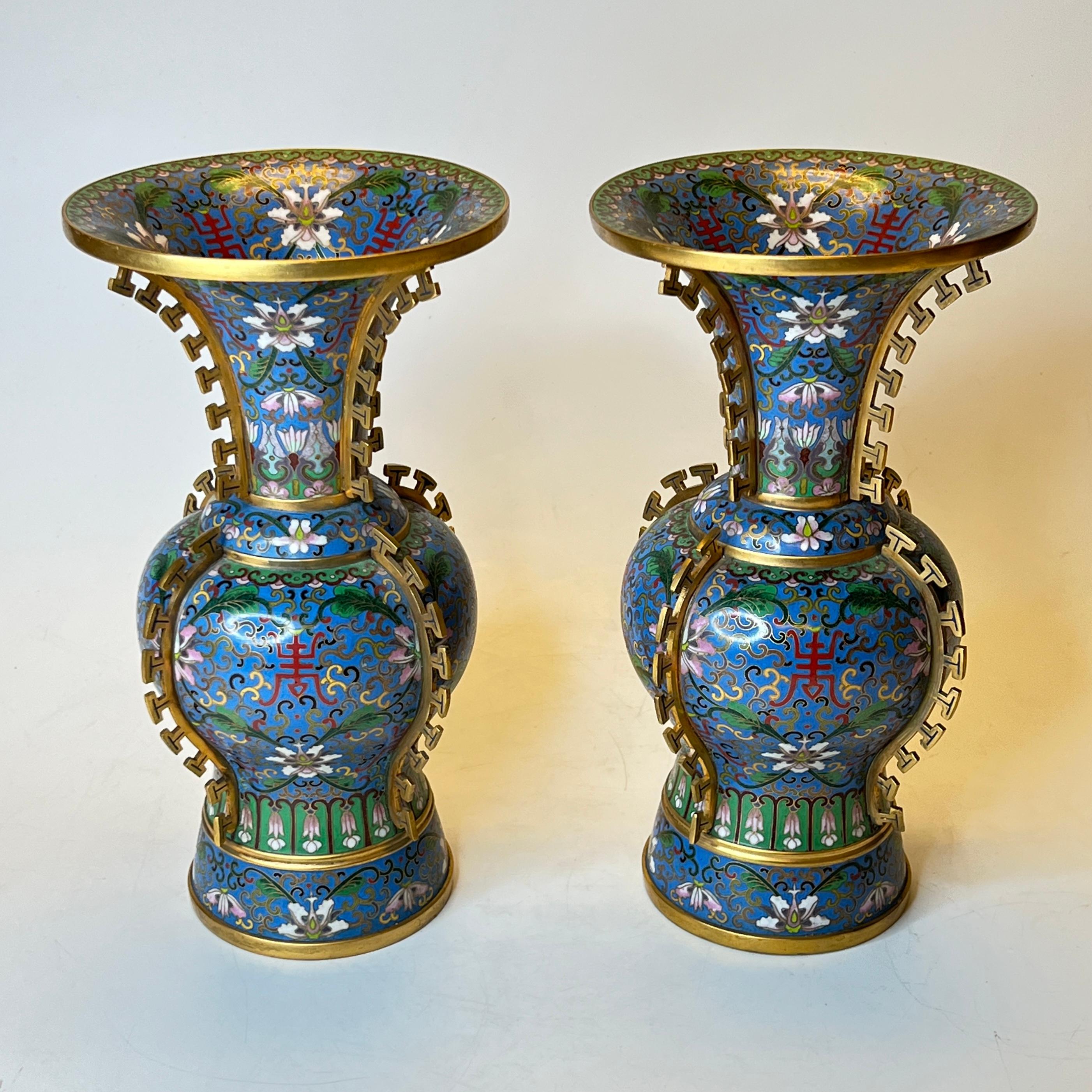 Qing Pair Antique Chinese Blue Cloisonne Vases For Sale