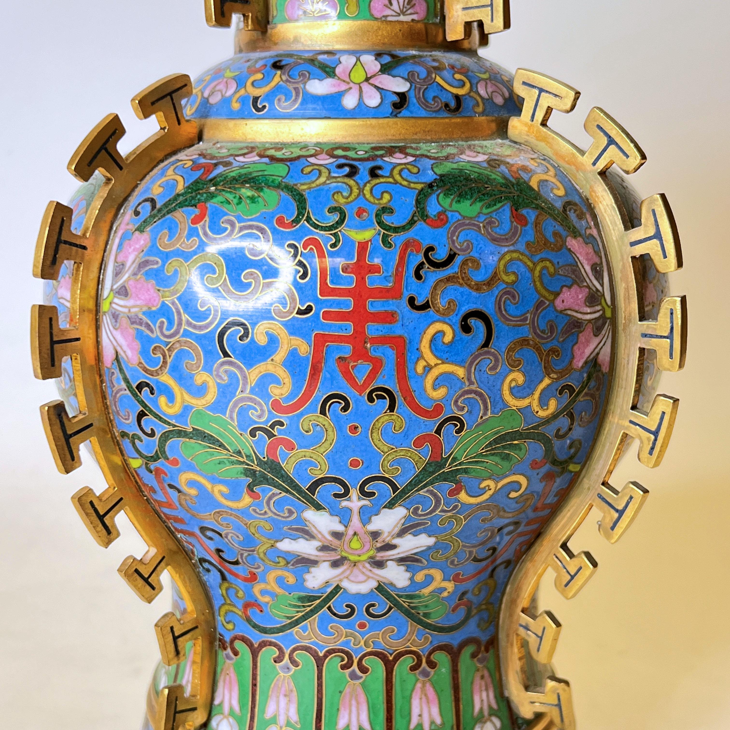 Enamel Pair Antique Chinese Blue Cloisonne Vases For Sale