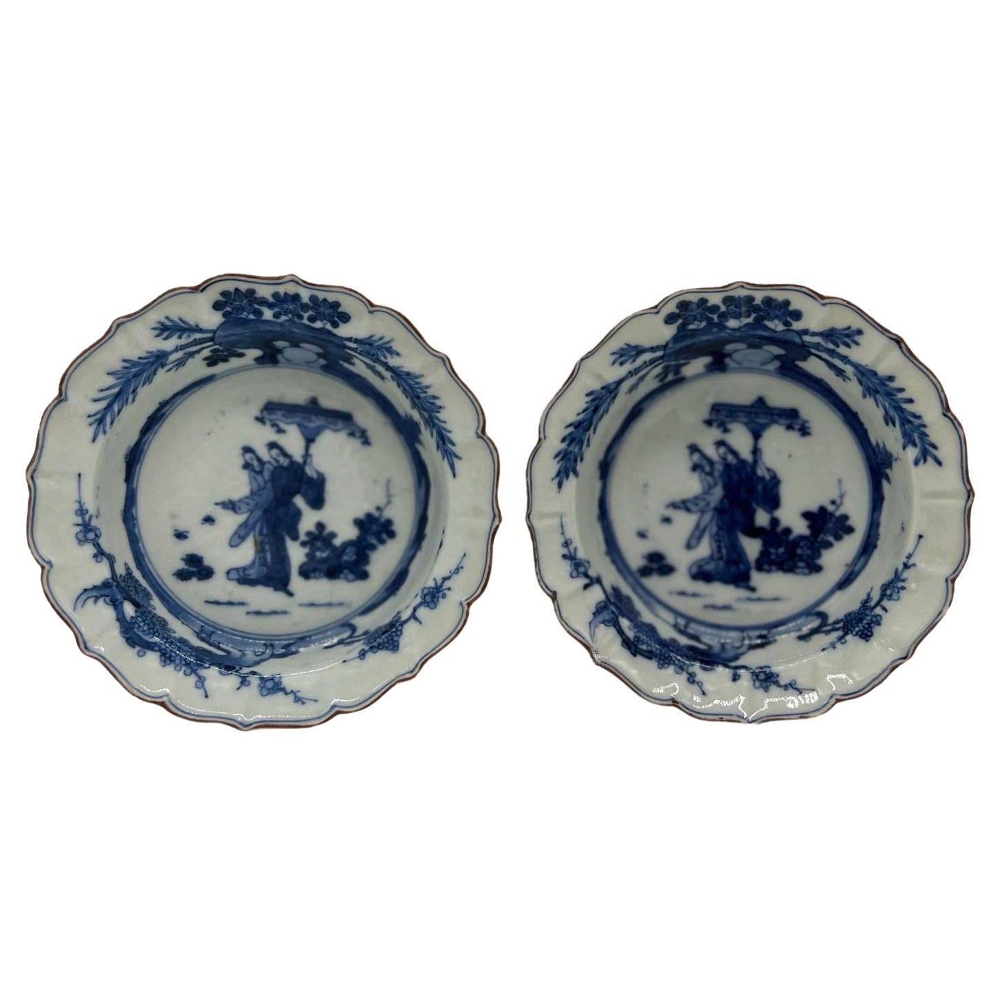 Pair, Antique Chinese Blue 
White Porcelain Figural Cabinet Plates
