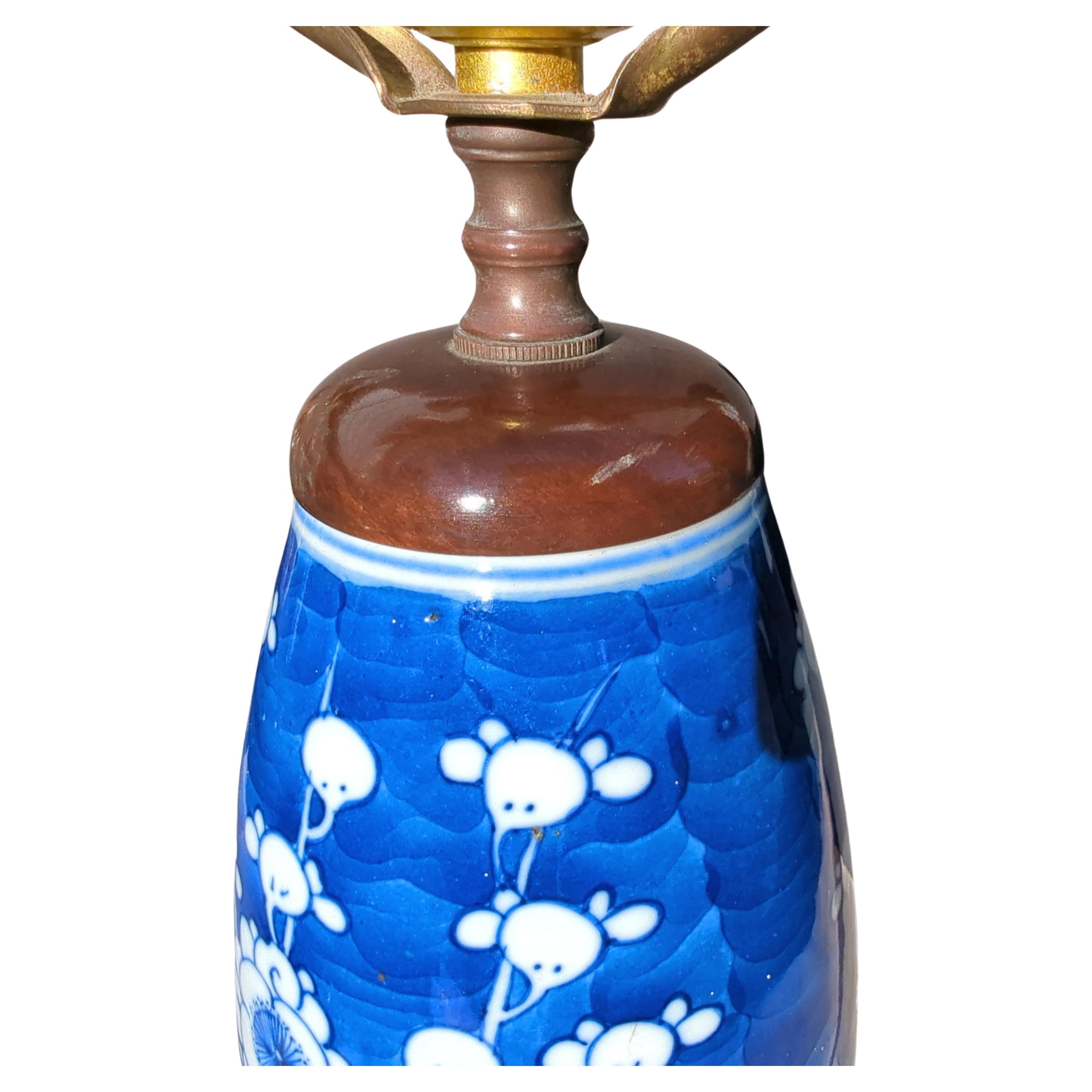 Hand-Crafted Pair Antique 19c Chinese Blue & White Prunus Blossom Vase Table Lamps Early 20c For Sale