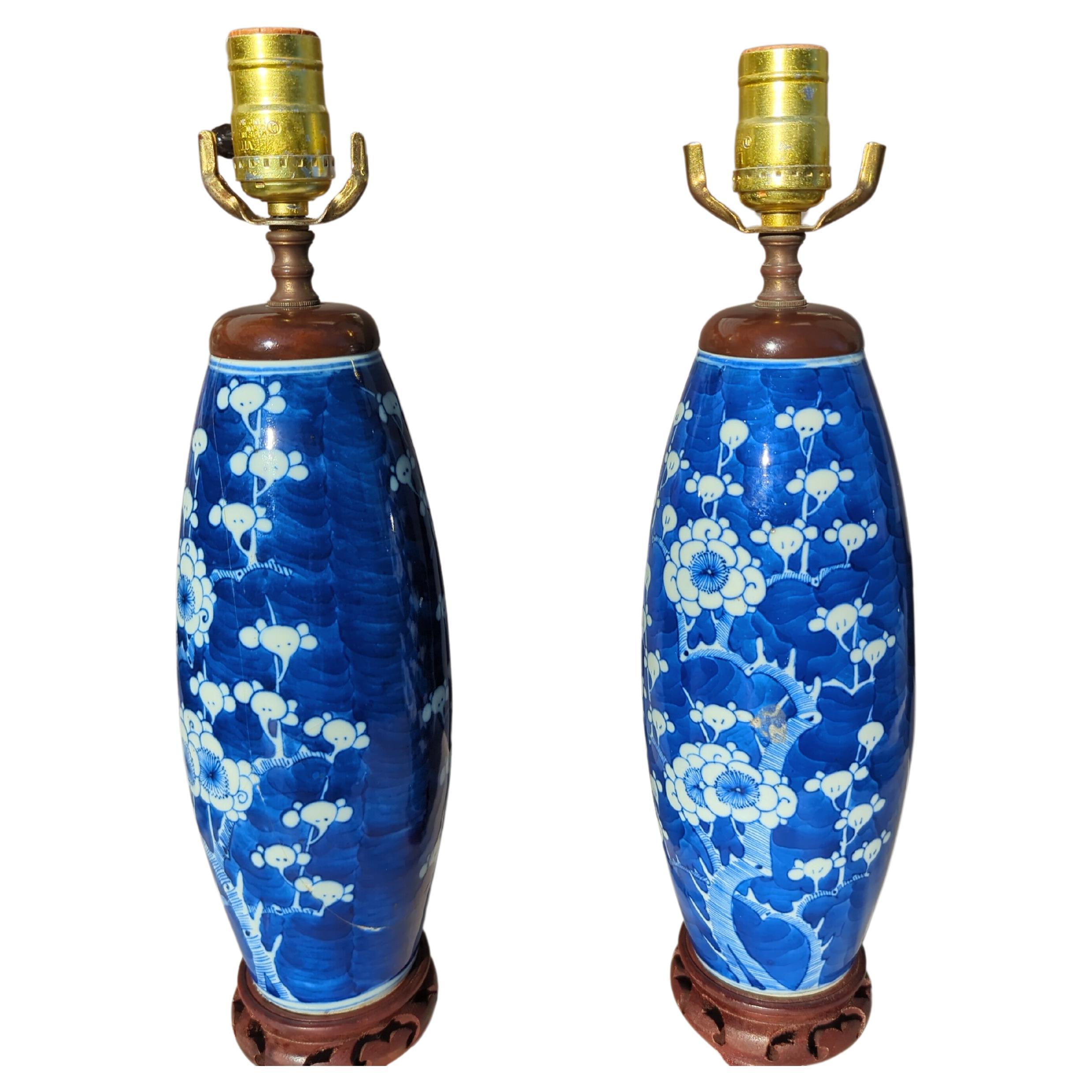 Pair Antique 19c Chinese Blue & White Prunus Blossom Vase Table Lamps Early 20c In Fair Condition For Sale In Richmond, CA