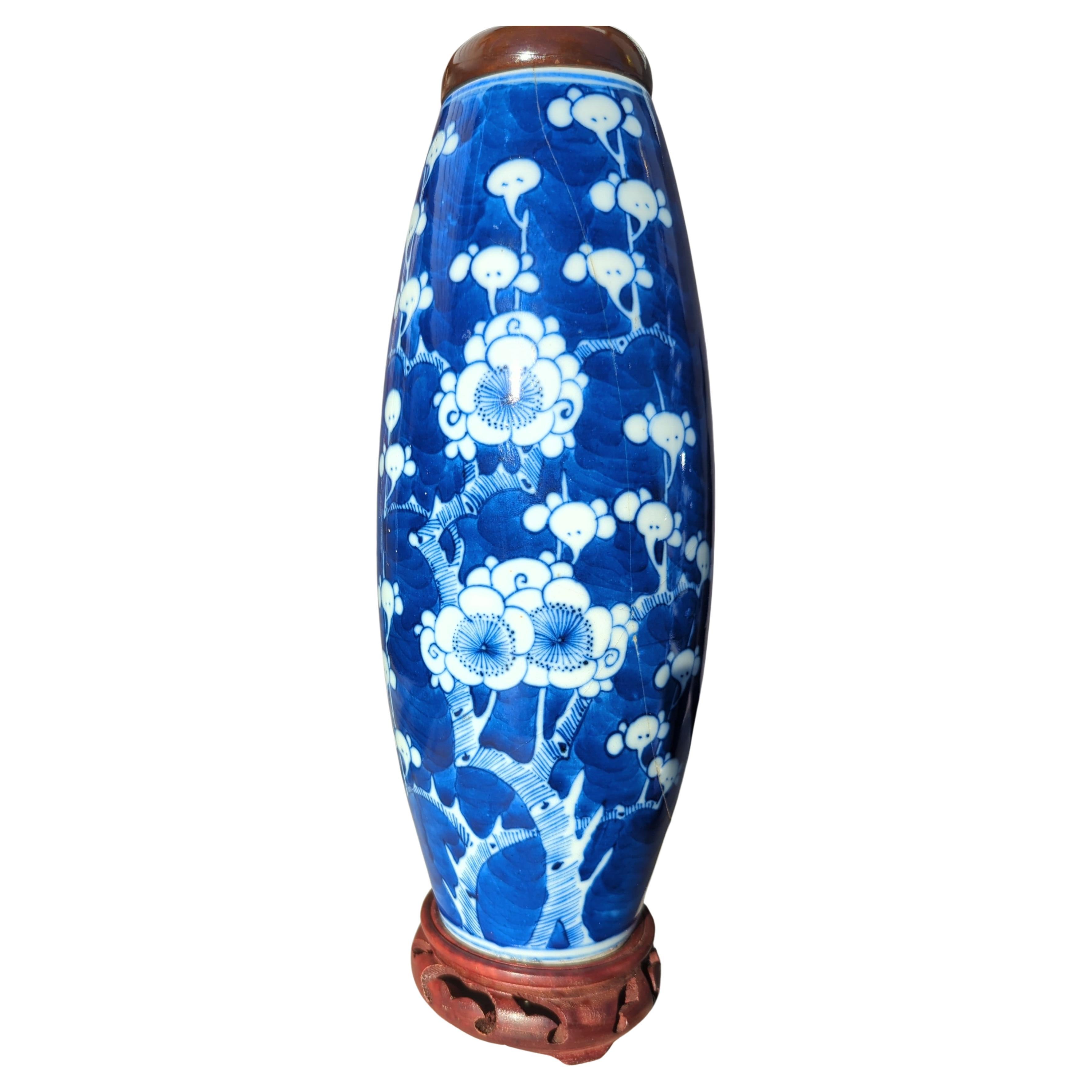 20th Century Pair Antique 19c Chinese Blue & White Prunus Blossom Vase Table Lamps Early 20c For Sale