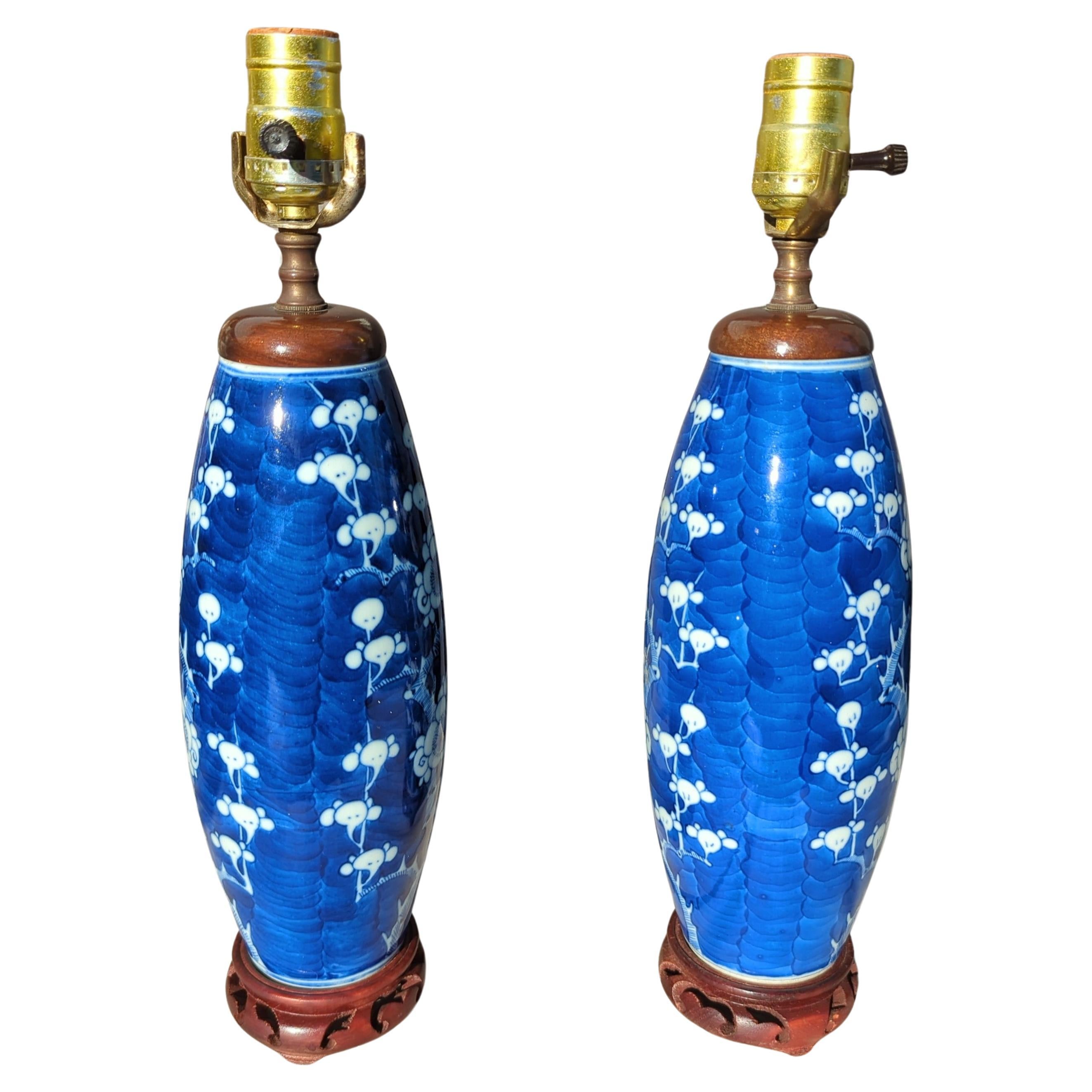 Porcelain Pair Antique 19c Chinese Blue & White Prunus Blossom Vase Table Lamps Early 20c For Sale