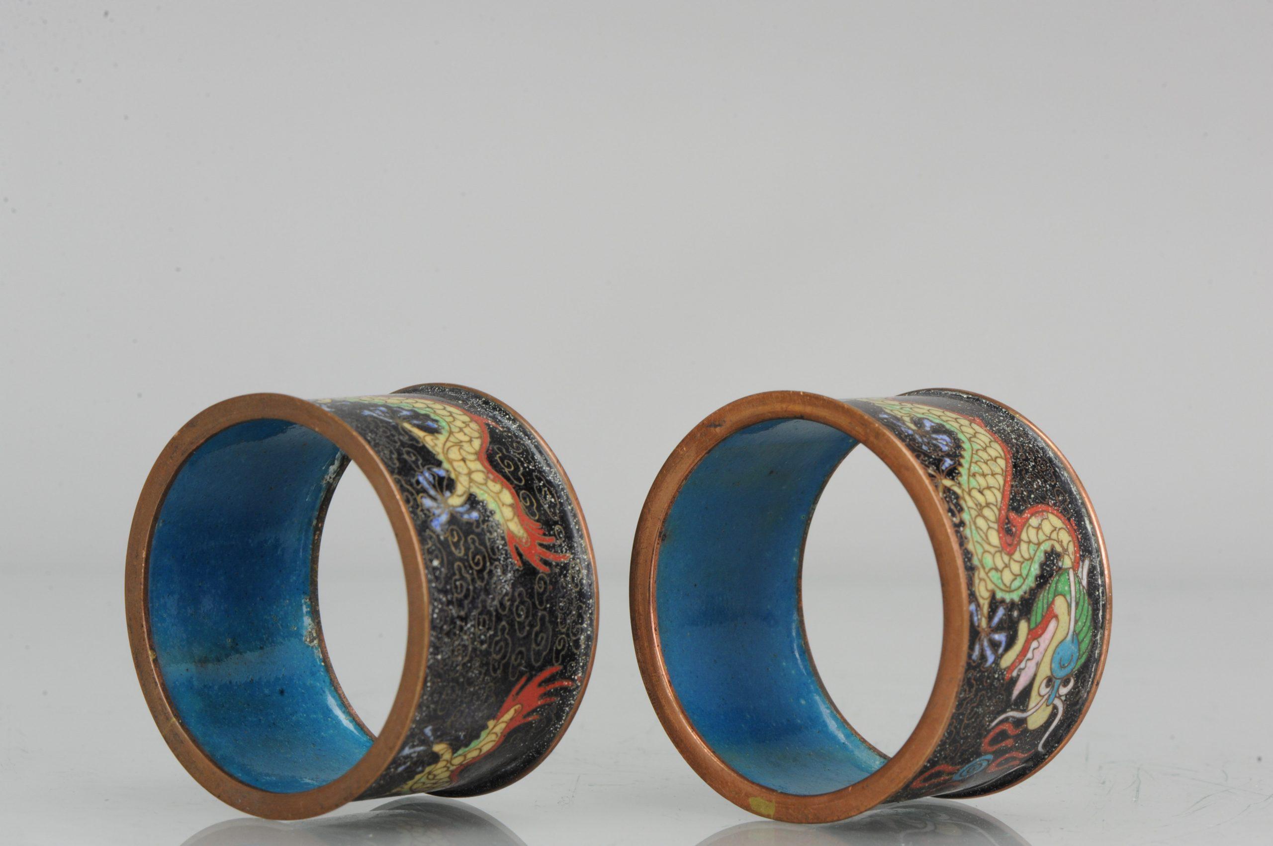 Lovely Napkin Rings with dragon scene.Lovely small dish.

Additional information:
Material: Bronze Enamel 
Period: ca 1900
Condition: Overall Condition; No damages.
Dimension: Ø 5.6 cm