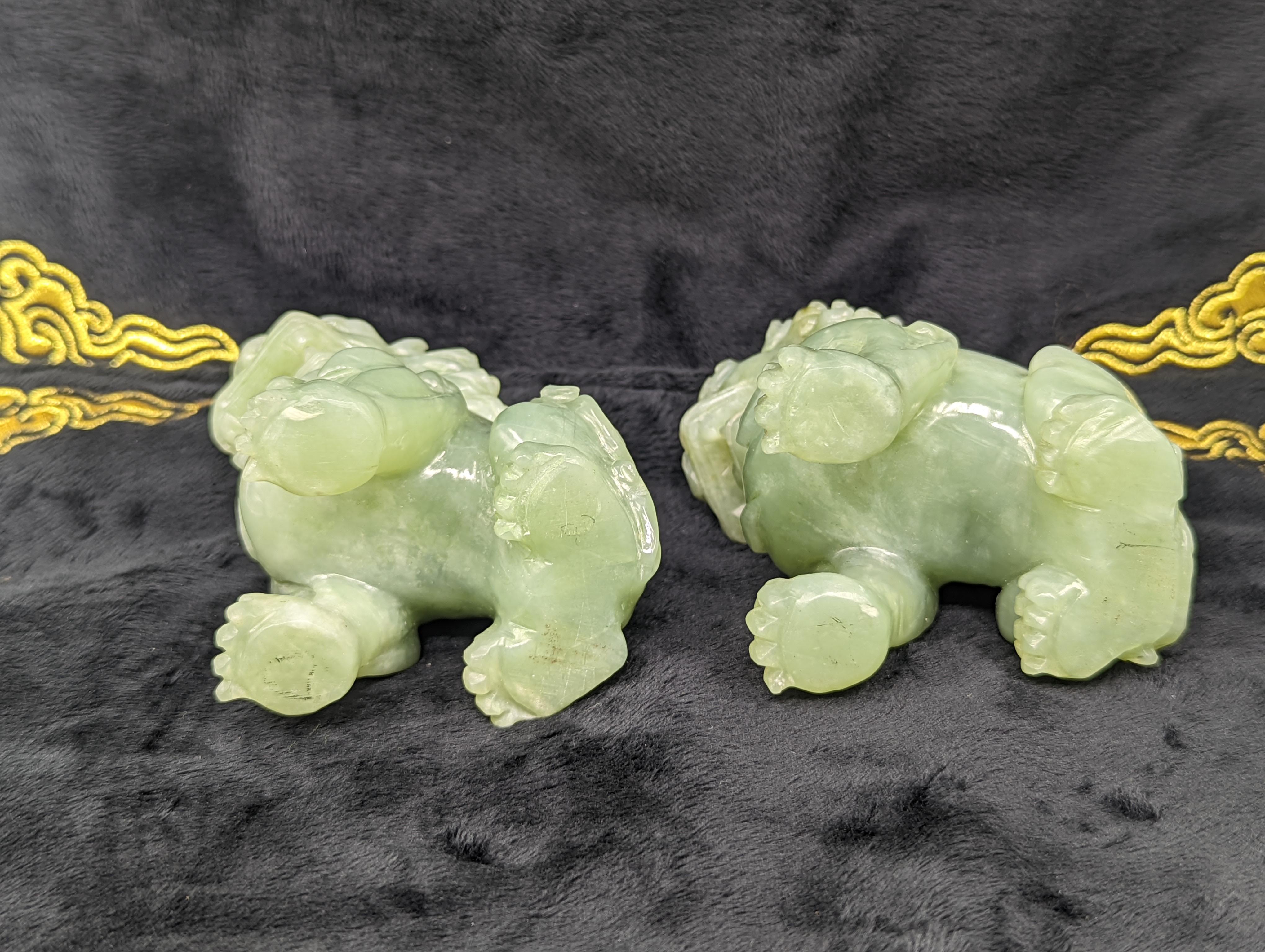 Pair Antique Chinese Carved Celadon Jade Guardian Lions ROC Early 20th Century For Sale 5