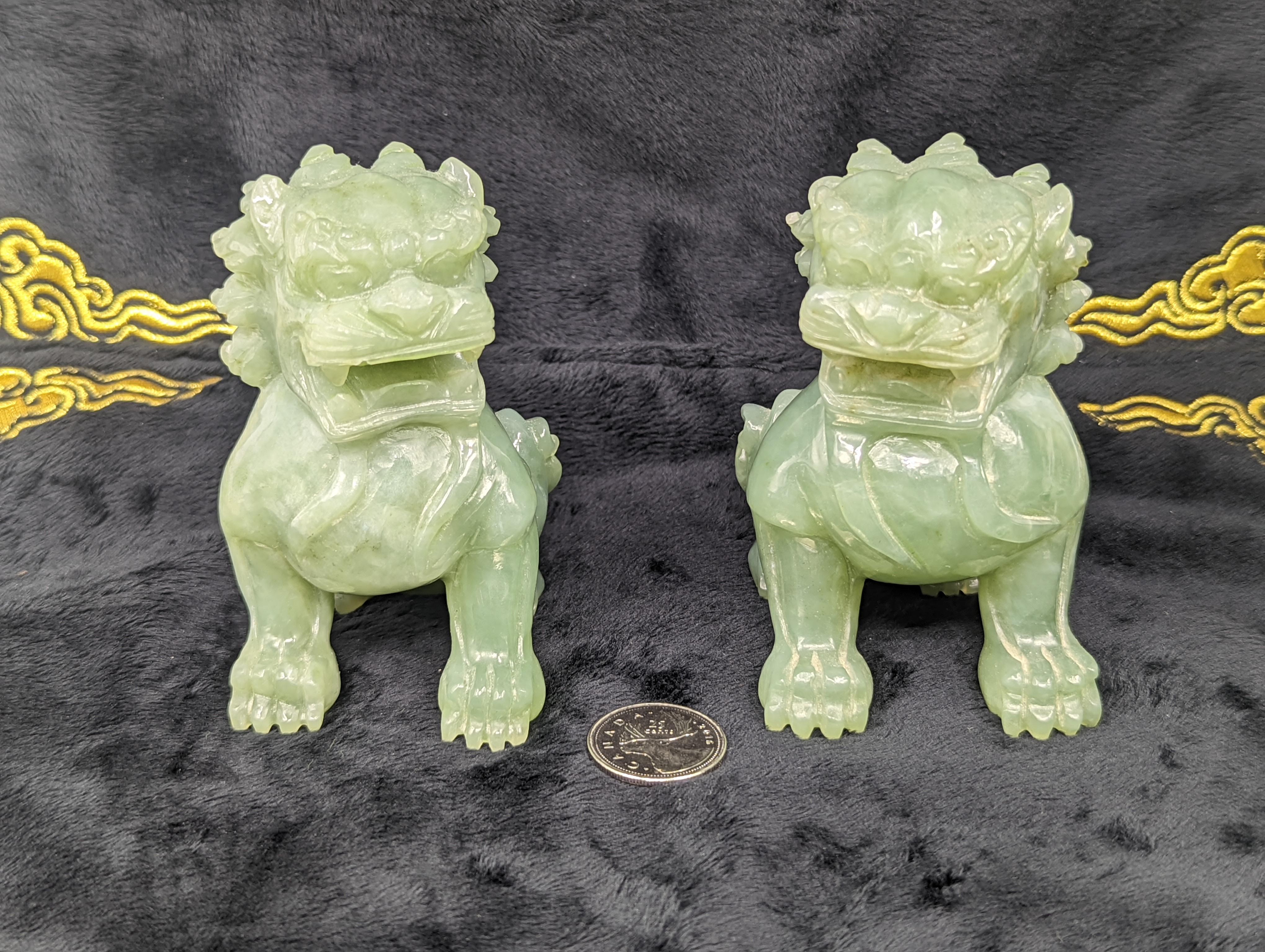 Pair Antique Chinese Carved Celadon Jade Guardian Lions ROC Early 20th Century For Sale 6