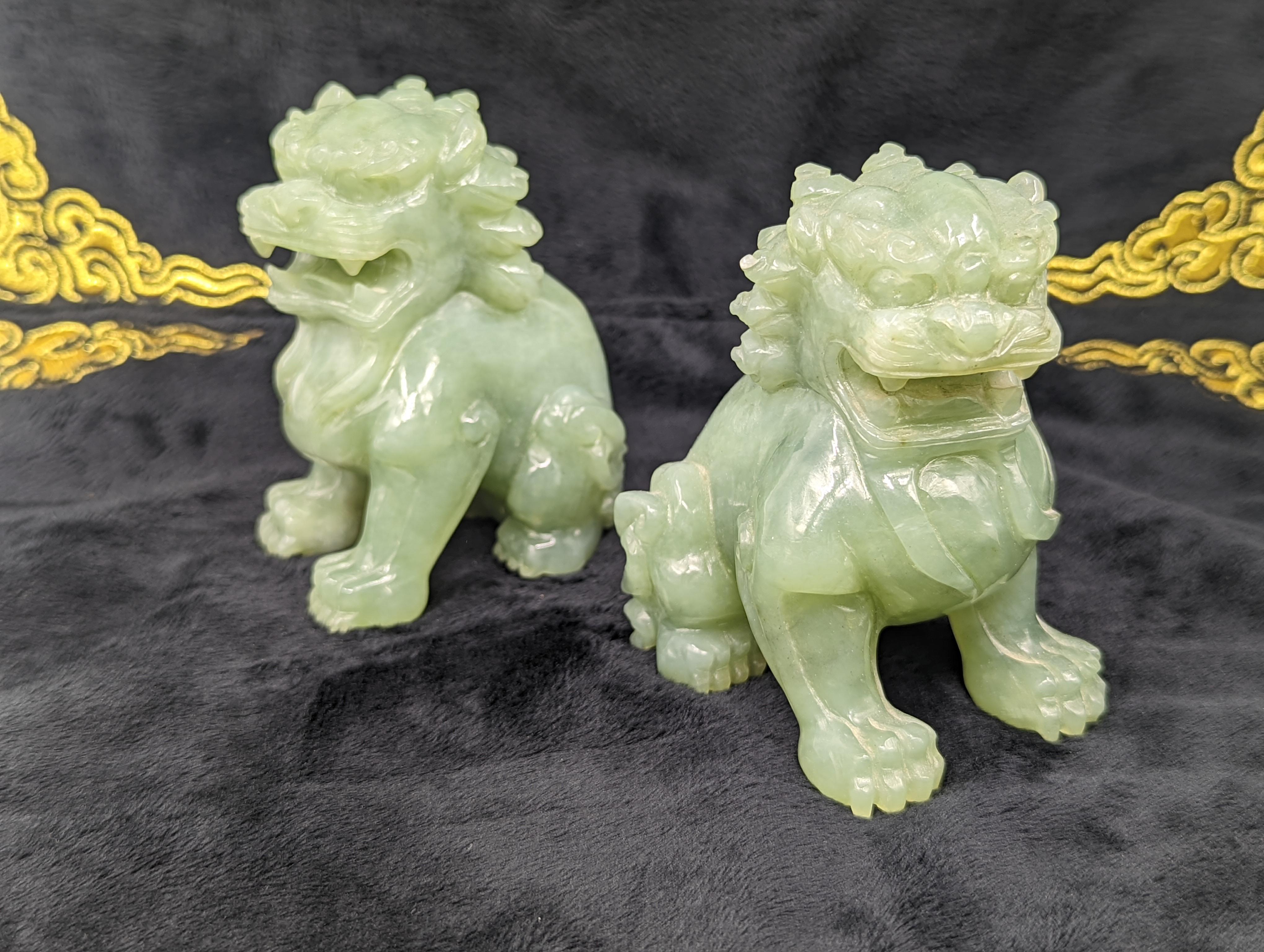 Chinese Export Pair Antique Chinese Carved Celadon Jade Guardian Lions ROC Early 20th Century For Sale