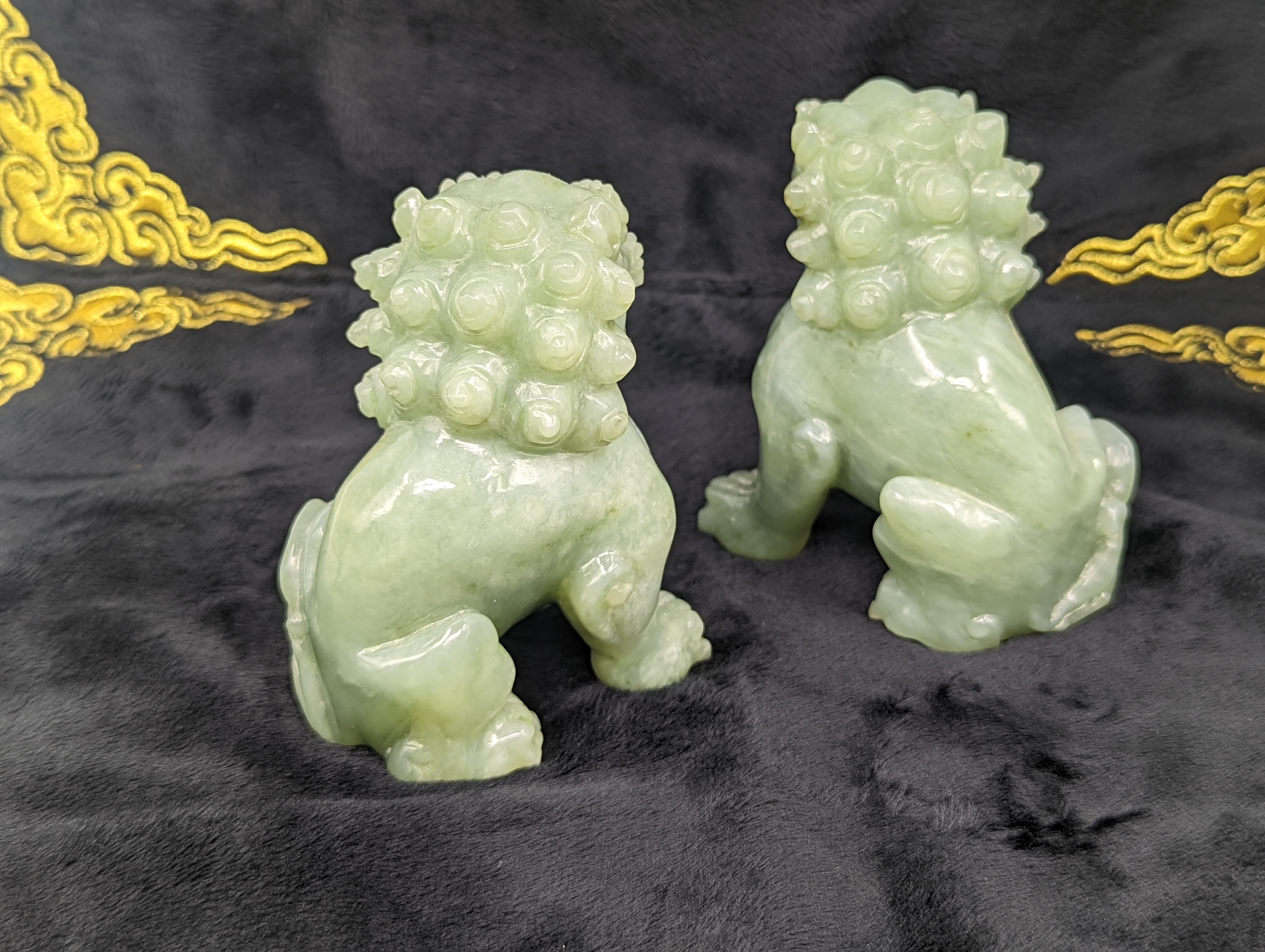 Hand-Carved Pair Antique Chinese Carved Celadon Jade Guardian Lions ROC Early 20th Century For Sale