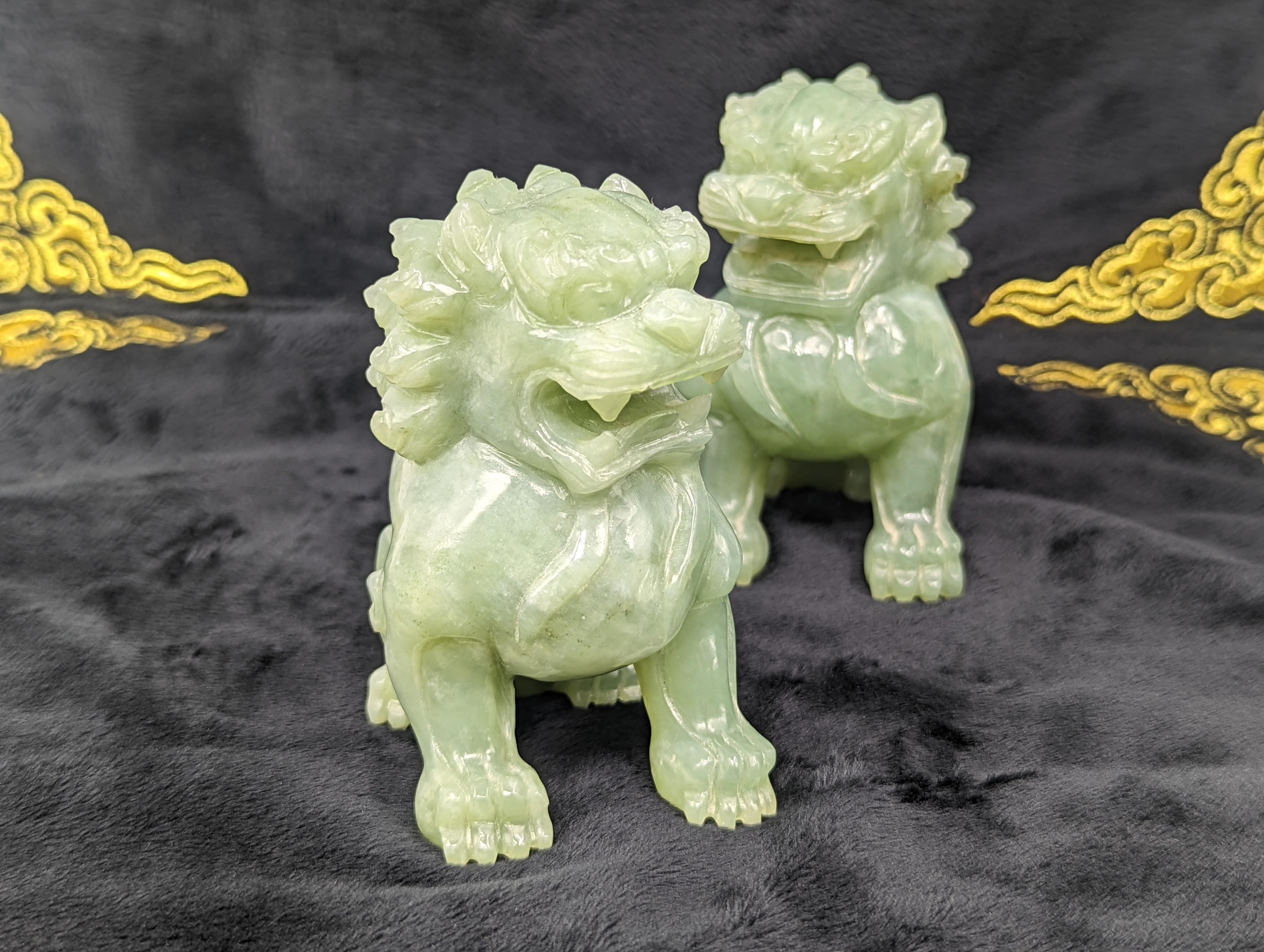 Pair Antique Chinese Carved Celadon Jade Guardian Lions ROC Early 20th Century In Good Condition For Sale In Richmond, CA