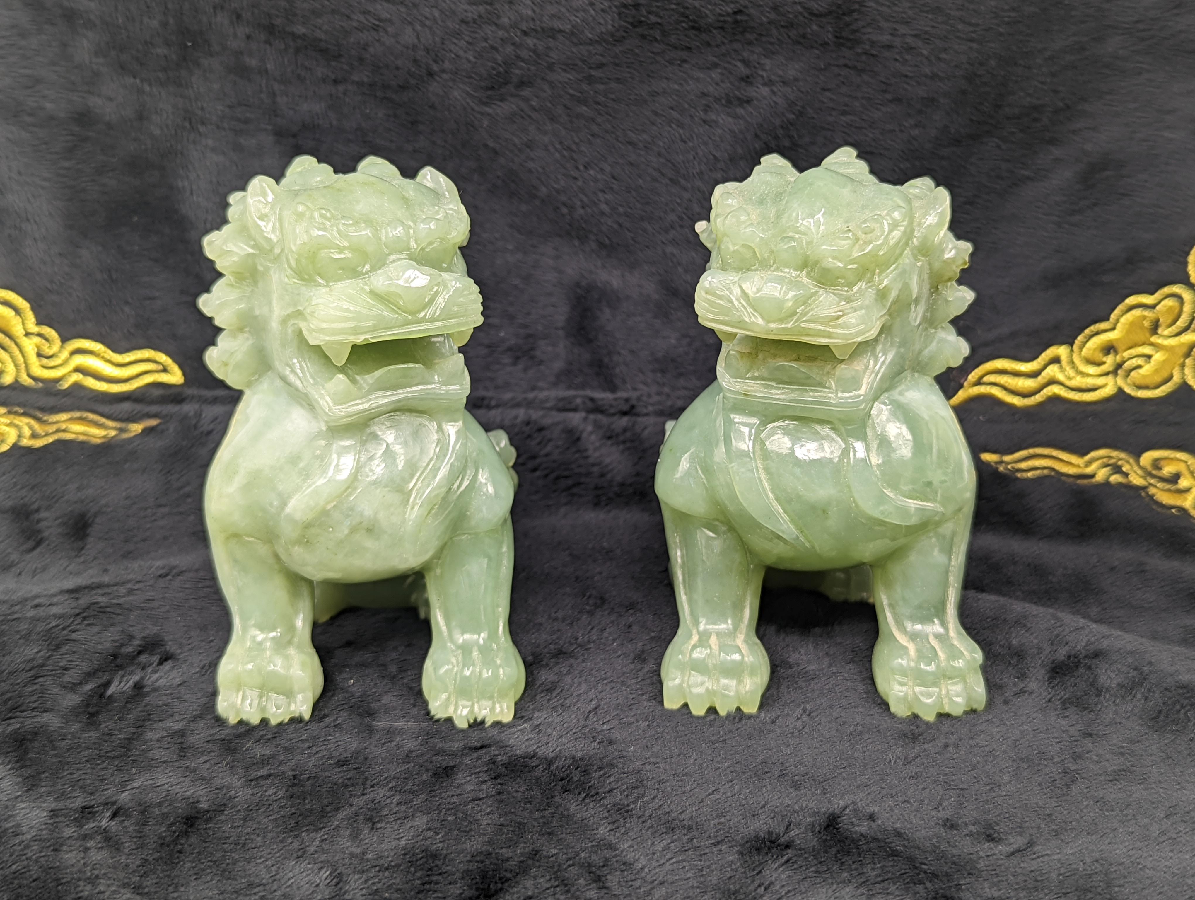 Pair Antique Chinese Carved Celadon Jade Guardian Lions ROC Early 20th Century For Sale 1