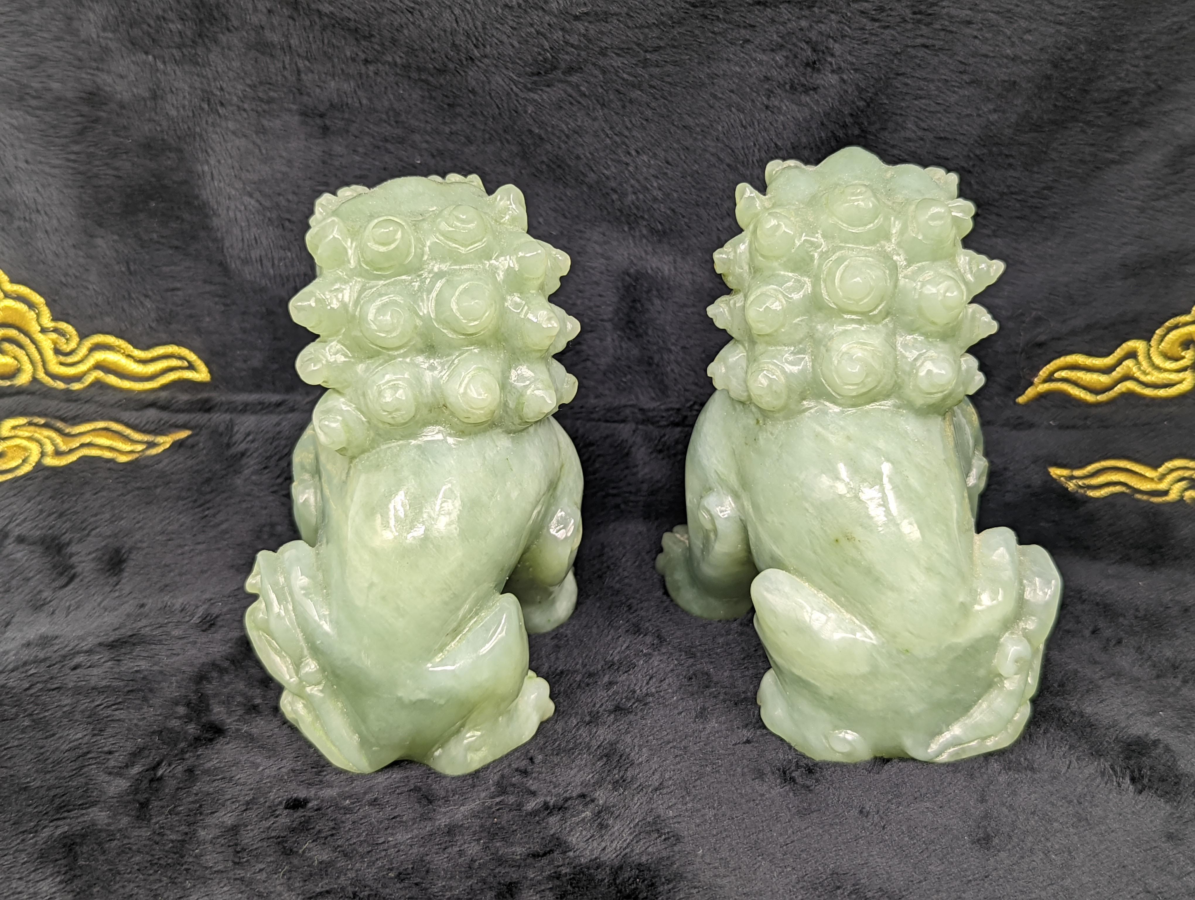 Pair Antique Chinese Carved Celadon Jade Guardian Lions ROC Early 20th Century For Sale 3