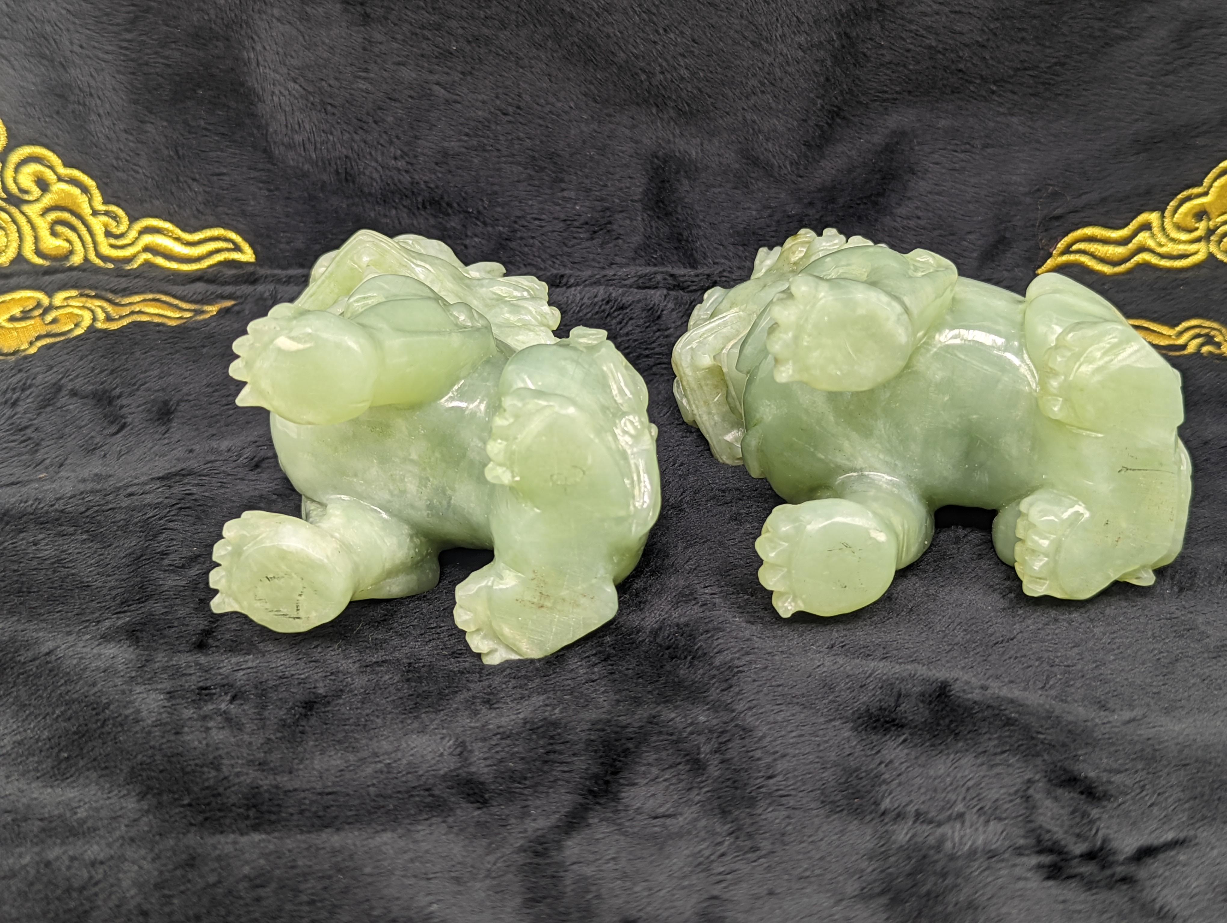 Pair Antique Chinese Carved Celadon Jade Guardian Lions ROC Early 20th Century For Sale 4