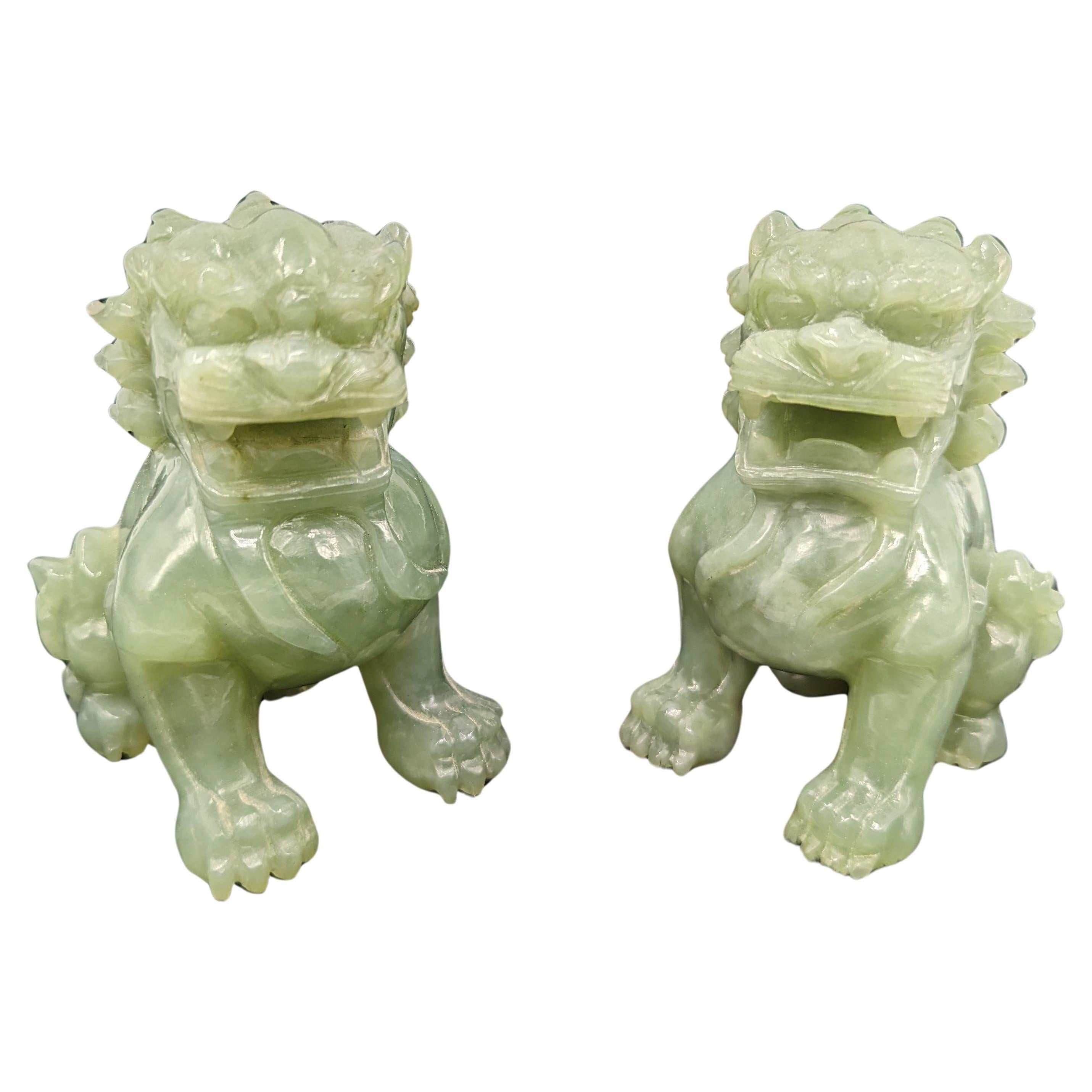 Pair Antique Chinese Carved Celadon Jade Guardian Lions ROC Early 20th Century For Sale