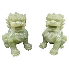 Pair Vintage Chinese Carved Celadon Jade Guardian Lions ROC Early 20th Century