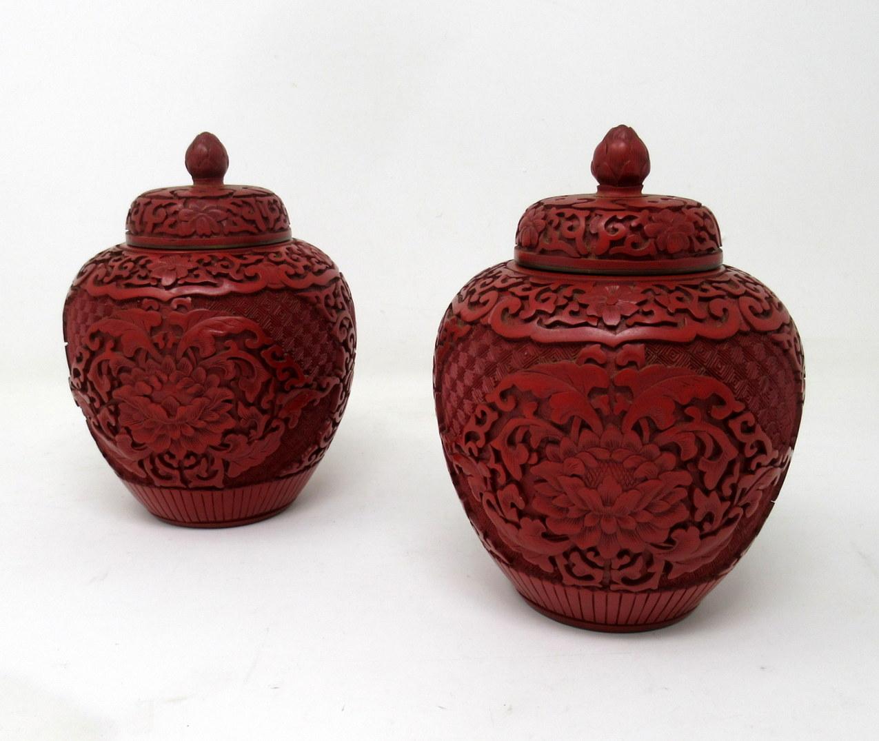 Stunning Identical pair of Chinese hand carved cinnabar lacquer bowls and covers of outstanding quality, made during the last quarter of the 19th century. Guangxu Period 1875-1908. 

The short neck deep rounded bulbous body above a carved reeded