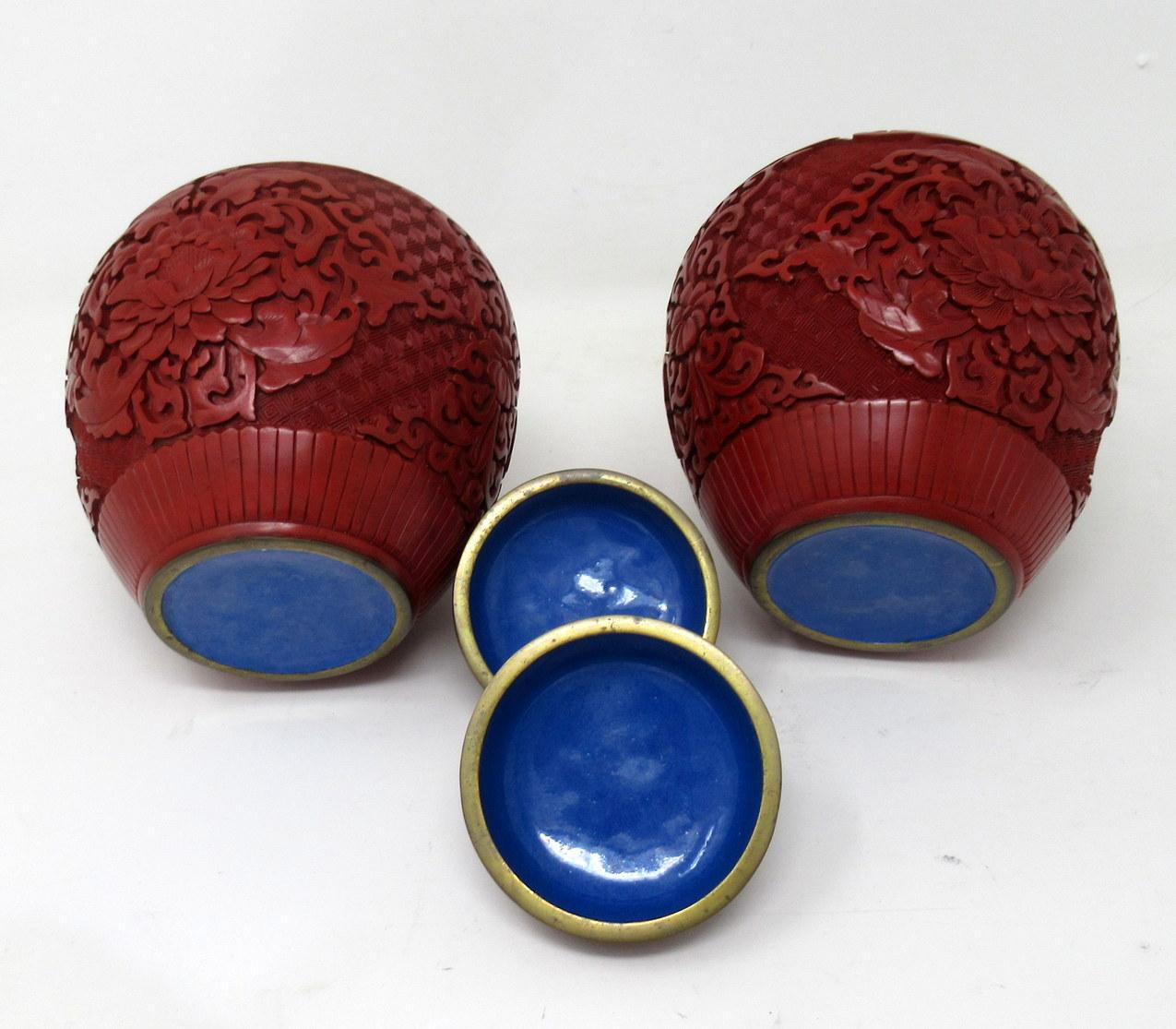 Pair of Antique Chinese Carved Cinnabar Bowls Ginger Jars Guangxu, 19th Century In Good Condition In Dublin, Ireland