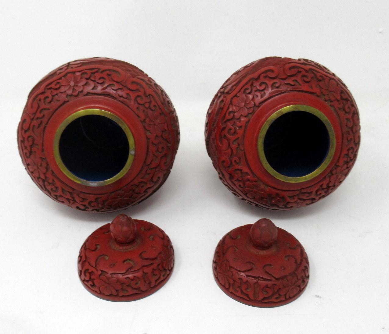 Bronze Pair of Antique Chinese Carved Cinnabar Bowls Ginger Jars Guangxu, 19th Century