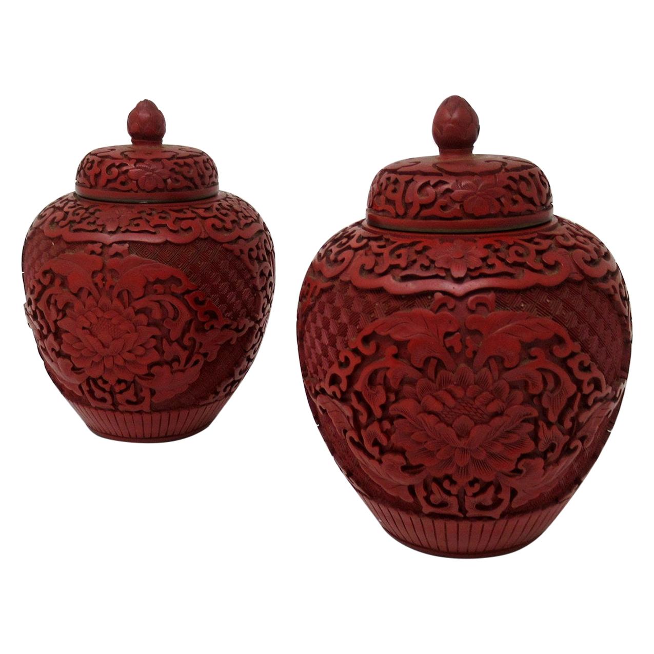 Pair of Antique Chinese Carved Cinnabar Bowls Ginger Jars Guangxu, 19th Century
