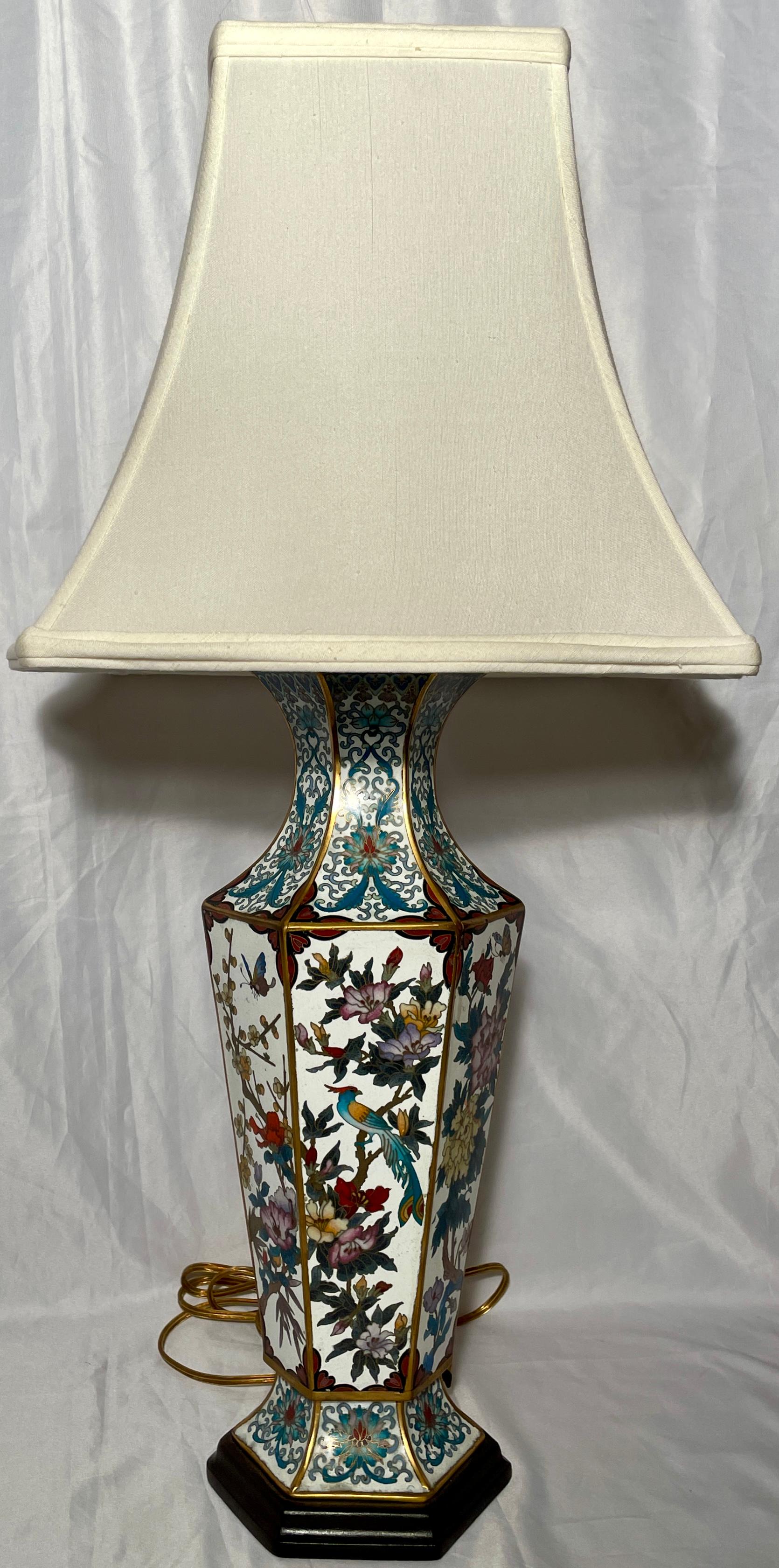 Pair Antique Chinese Cloisonné Porcelain hexagonal lamps, circa 1910-1920.