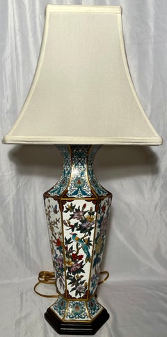Pair Antique Chinese Cloisonné Porcelain Hexagonal Lamps, circa 1910-1920