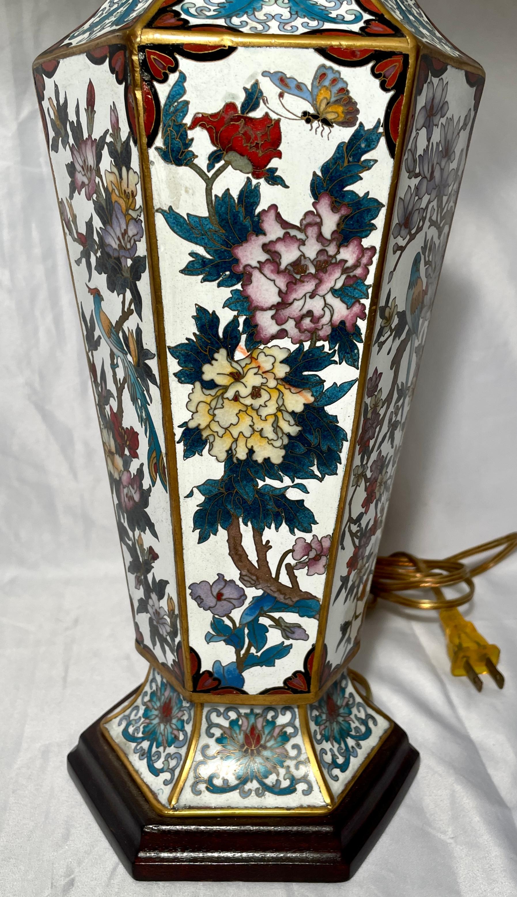 20th Century Pair Antique Chinese Cloisonné Porcelain Hexagonal Lamps, circa 1910-1920 For Sale