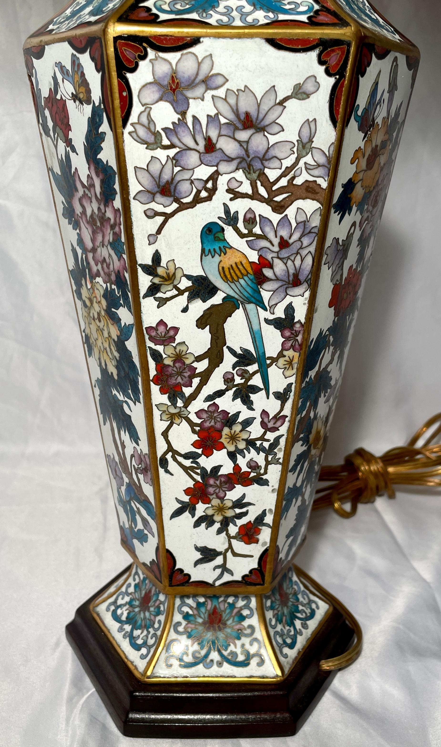 Pair Antique Chinese Cloisonné Porcelain Hexagonal Lamps, circa 1910-1920 For Sale 1