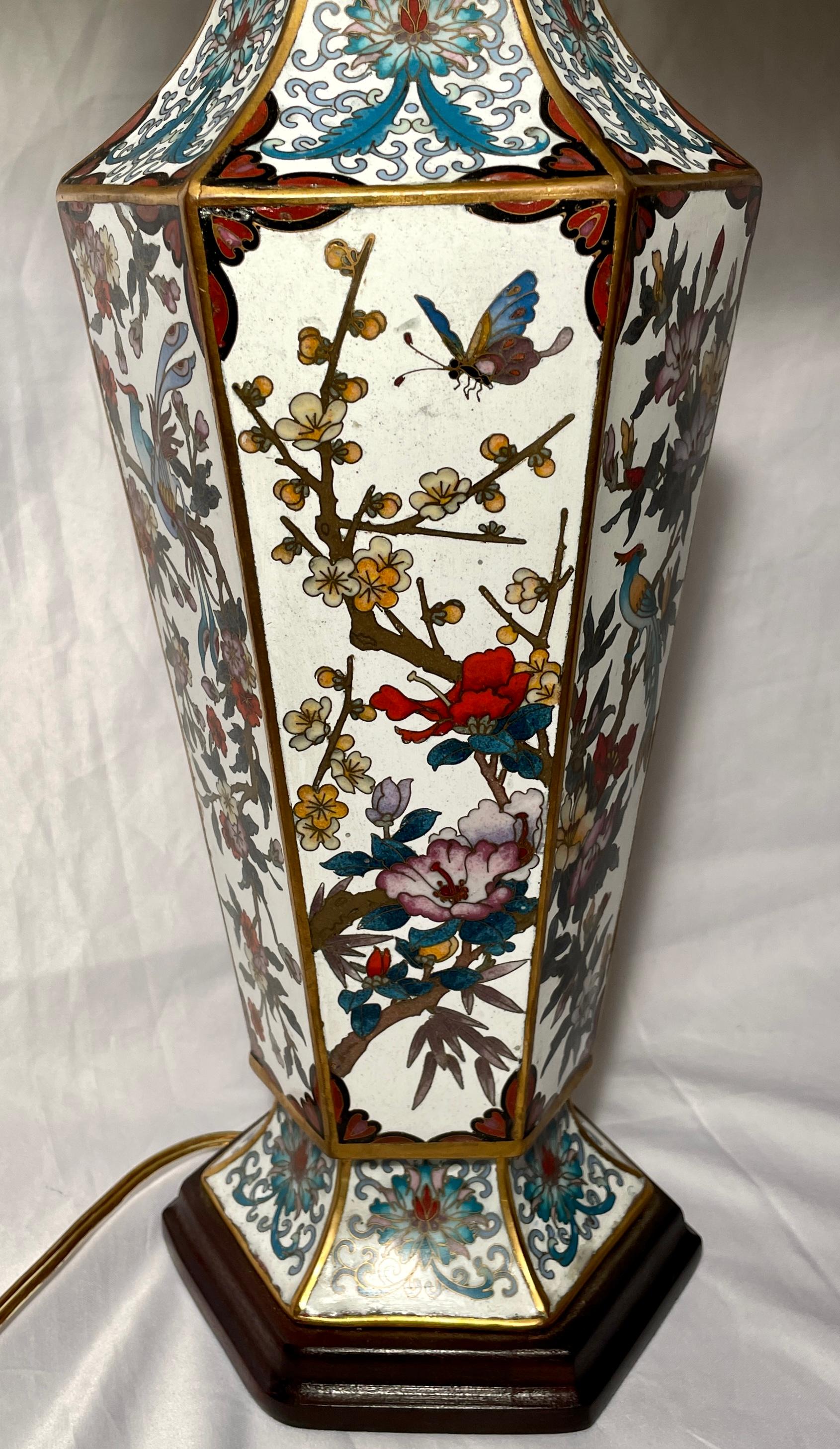 Pair Antique Chinese Cloisonné Porcelain Hexagonal Lamps, circa 1910-1920 For Sale 4