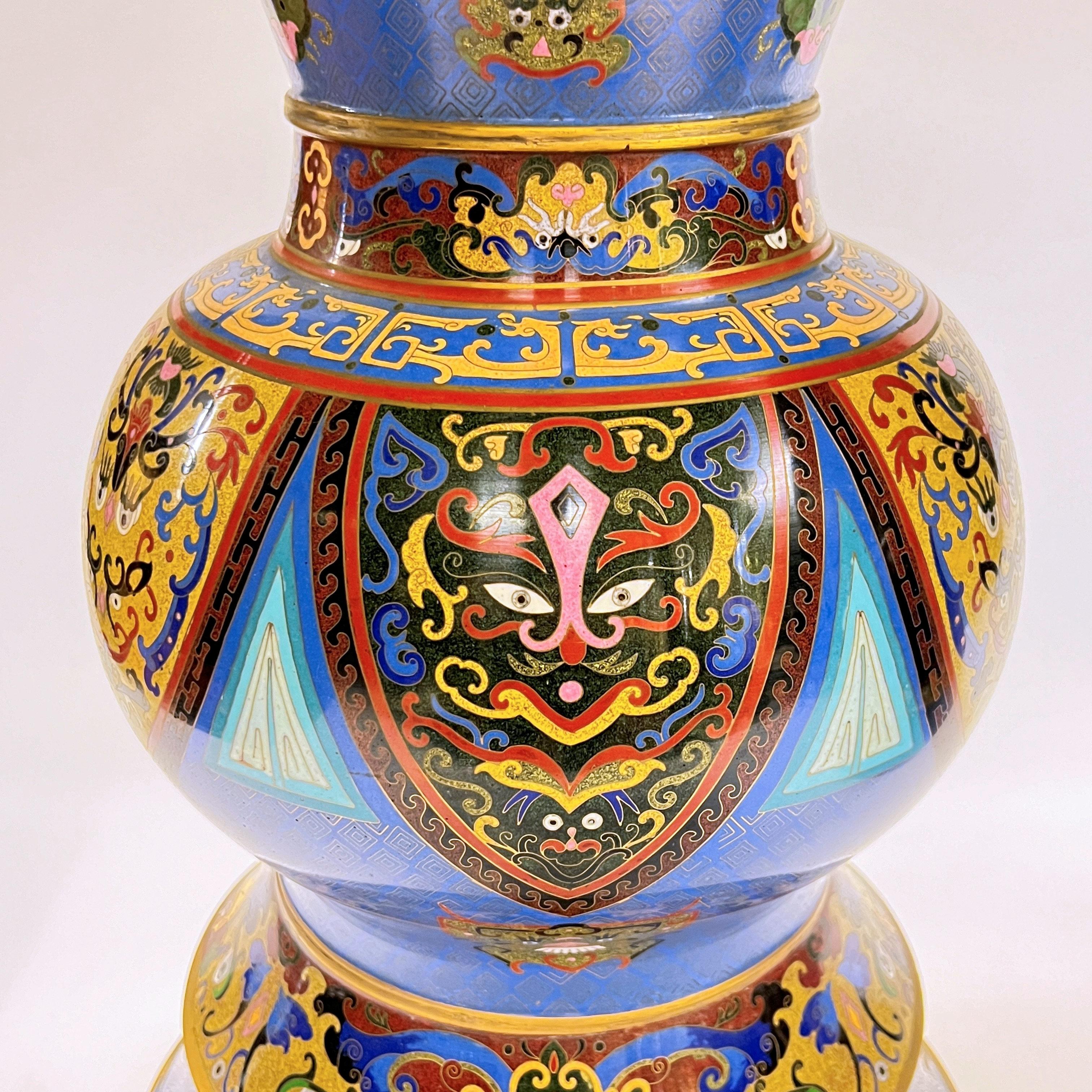 Metal Pair Antique Chinese Cloisonne Vases  For Sale