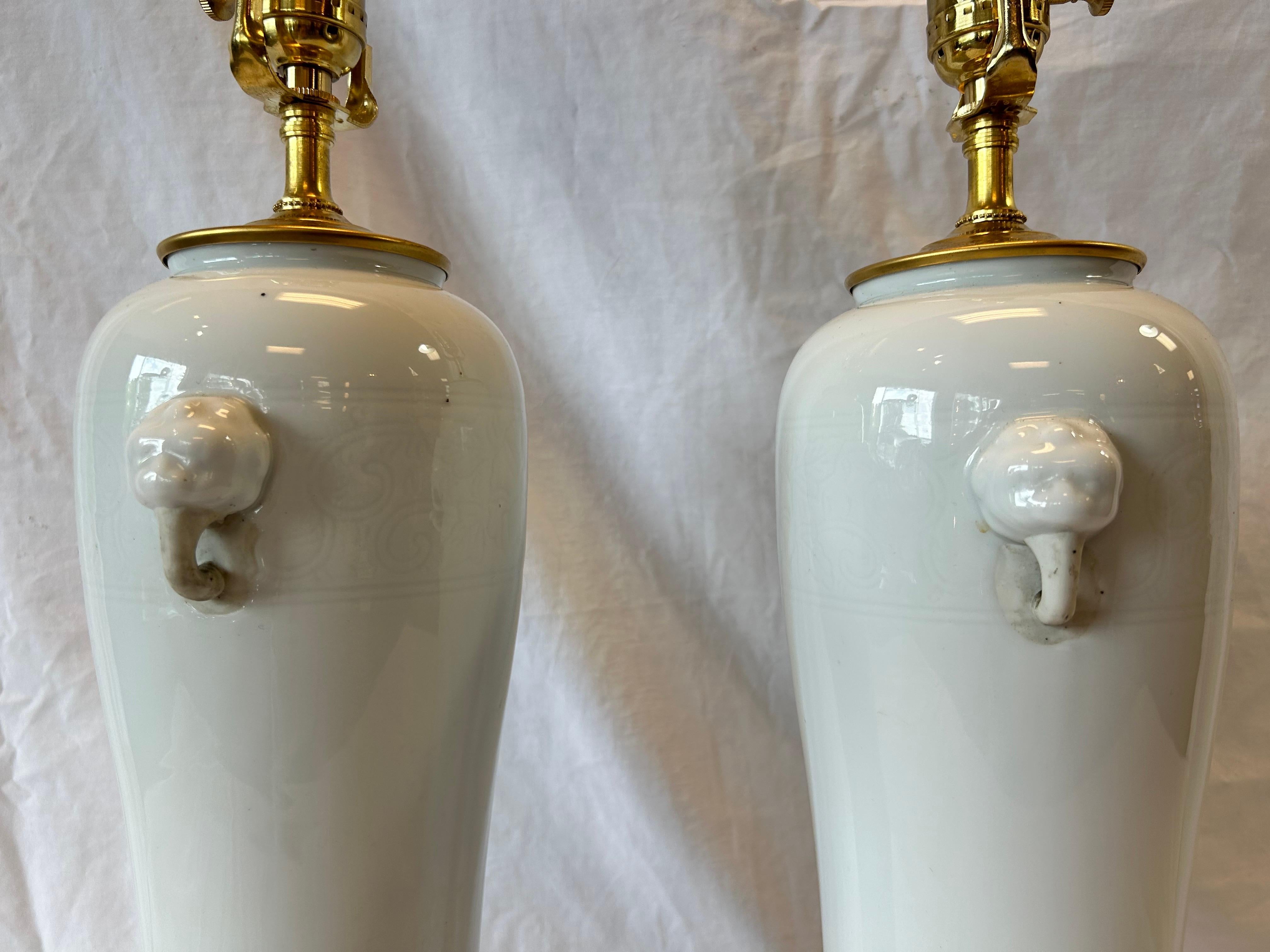 Pair Antique Chinese Dehua Table Lamps in White Blanc de Chine Style Black Bases For Sale 1